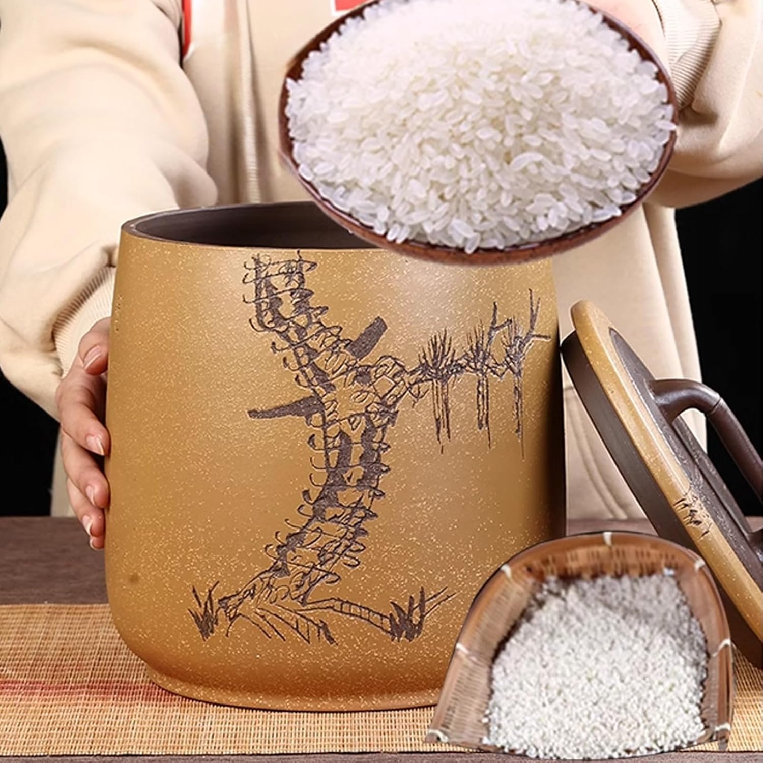 JKGHK Ceramic Rice Bucket, 7.5kg Chinese Sealed Capacity Rice Pot, Food Storage Jar with Lid, Grain Storage Ceramic Container, for Grains Snacks Candy Coffee Beans Food(Yellow)