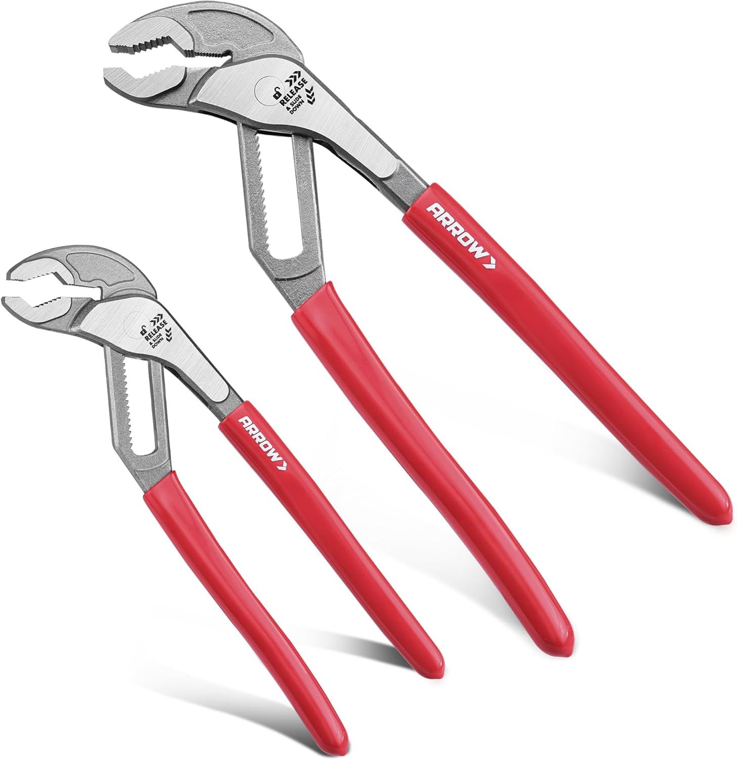 Arrow 2-Piece V-Jaw Groove Joint Pliers Set (8" & 10"), Quick Adjustable Water Pump Pliers with 18 Positions, CR-V Steel, for Plumbing, Automotive, Mechanical Repair and Household Use