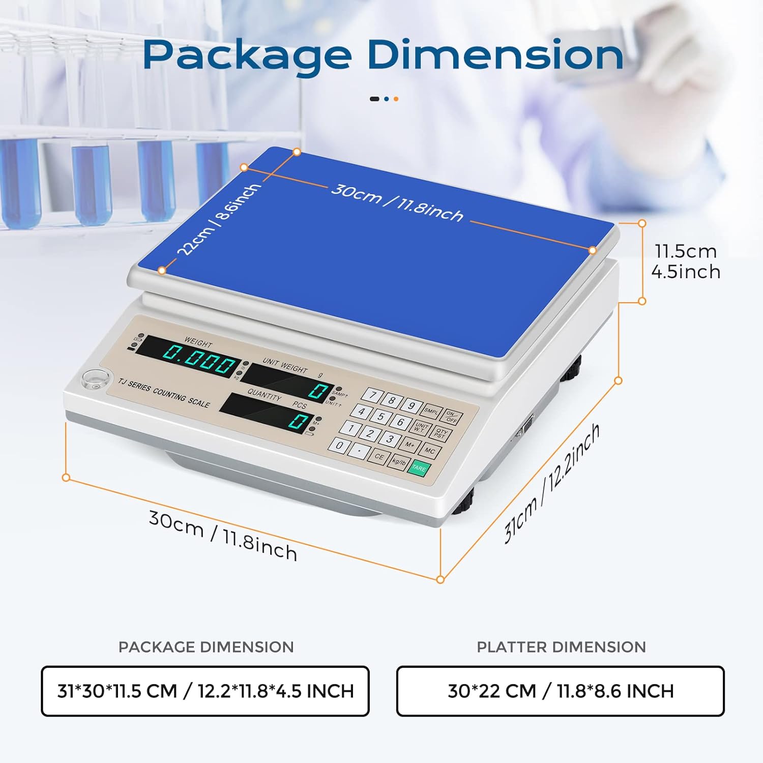 Bonvoisin Digital Counting Scale with dimensions labeled: 30cm/11.8inch length, 22cm/8.6inch width for the platter, and overall package dimensions of 31x30x11.5 cm / 12.2x11.8x4.5 inch.