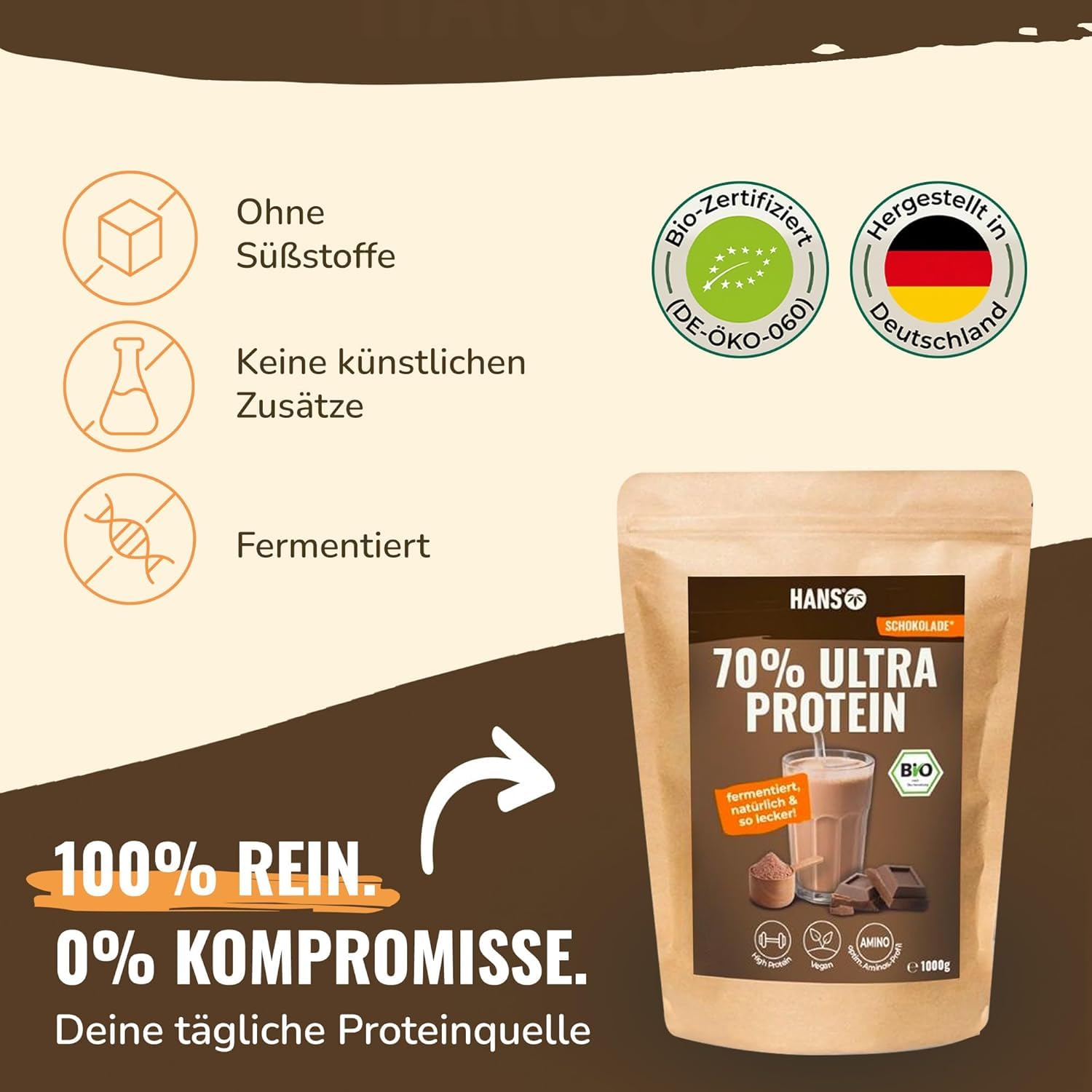 HANS Brainfood Veganes Proteinpulver Schoko - Bio Zertifiziert aus Bayern – 70% fermentiertes Erbsenprotein ohne Süßungsmittel, cremig & gut löslich – Protein Pulver vegan (3000g)