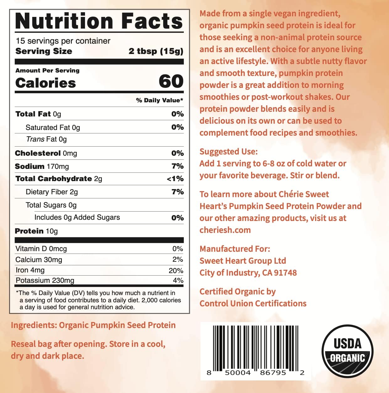 Cherie Sweet Heart Organic Brown Rice Protein Powder 1 lb, 100% Non-GMO, Dairy-Free, Keto-Friendly, Gluten-Free, Soy-Free, Plant-Based Protein : Health & Household