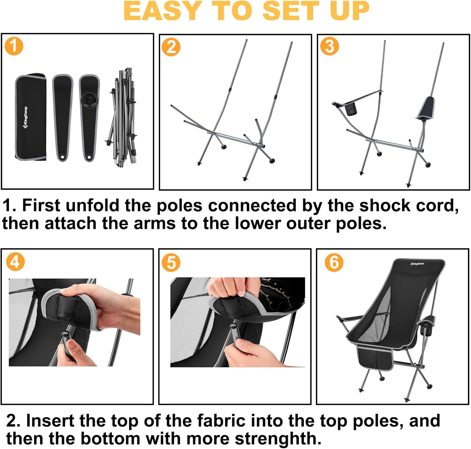 KingCamp Compact Camping Chair with Armrest Ultralight High Back Backpacking Chairs for Adults Lightweight Folding Chair Heavy Duty Support 265 Lbs Portable for Traveling, Lawn, Festival, Black : Sports & Outdoors