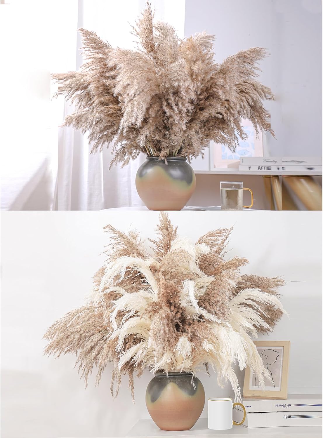 40 Stems 28 inch Tall White Pampas Grass Fully and Brown Pampas Grass Bouquet for Home Boho Decor Living Room Decor Pompas Grass