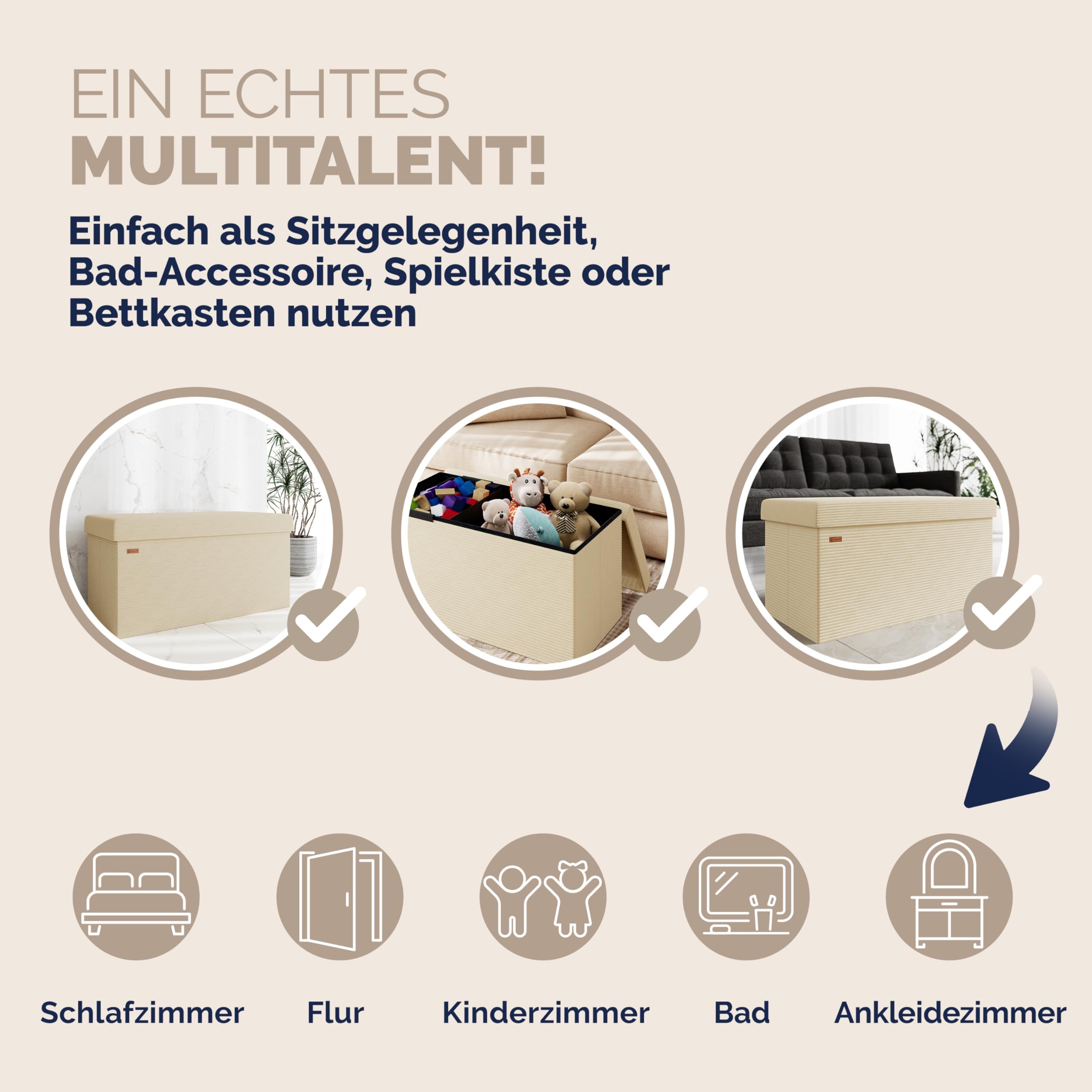 Casaria® Sitzbank mit Stauraum Beige Cord Faltbar Sitzbank 300kg Belastbar 76x38cm Truhe für Wohnzimmer Schlafzimmer Flur Diele Truhenbank Bank