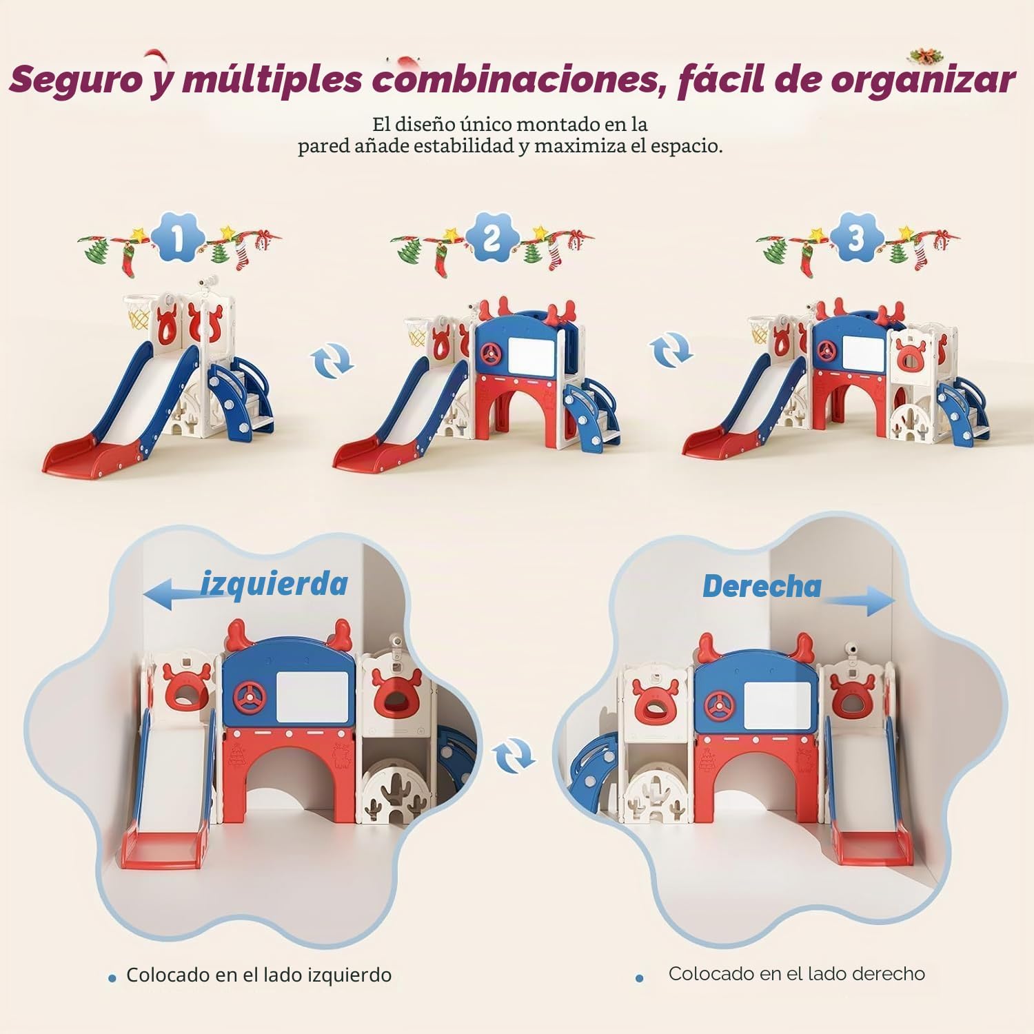 Tobogán para niños, grande con canasta de baloncesto, estructura de escalada para jardín, telescopio, espacio de almacenamiento (tobogán alce 7 en 1 – azul y rojo)
