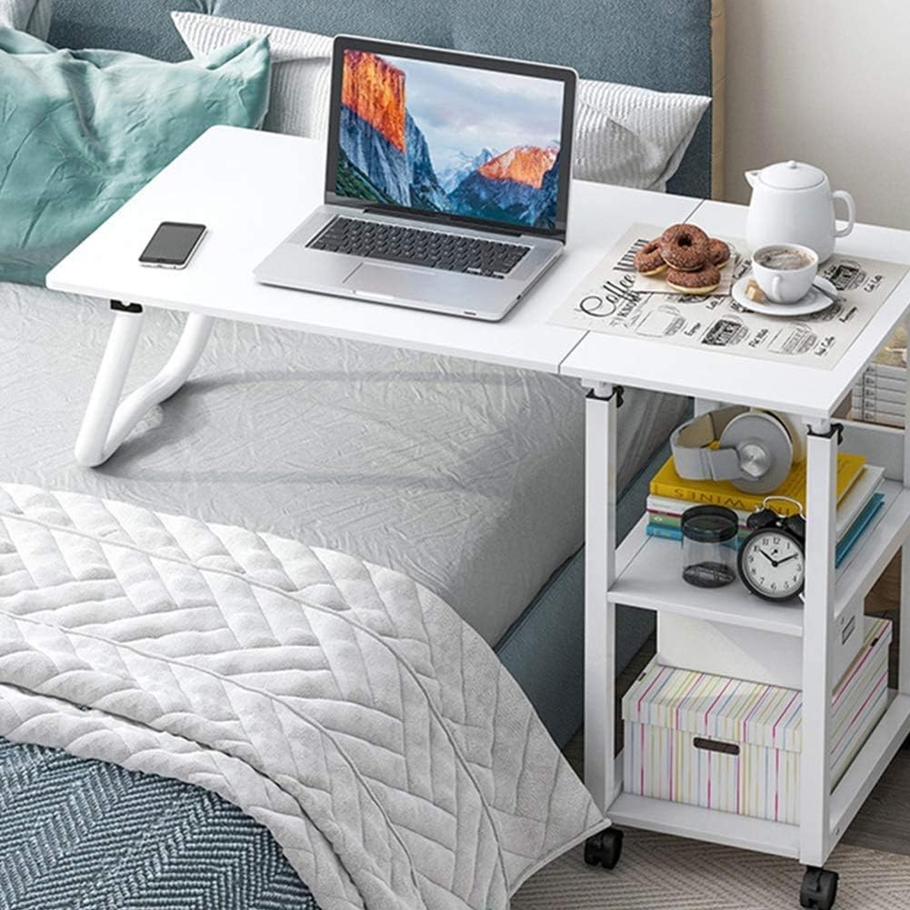 LJXiioo Overbed Table with Wheels for King Size Bed, Height Adjustable Lazy Mobile Computer Desk, with Storage Tray for Home, Dormitory, Office and Hospital,D,1
