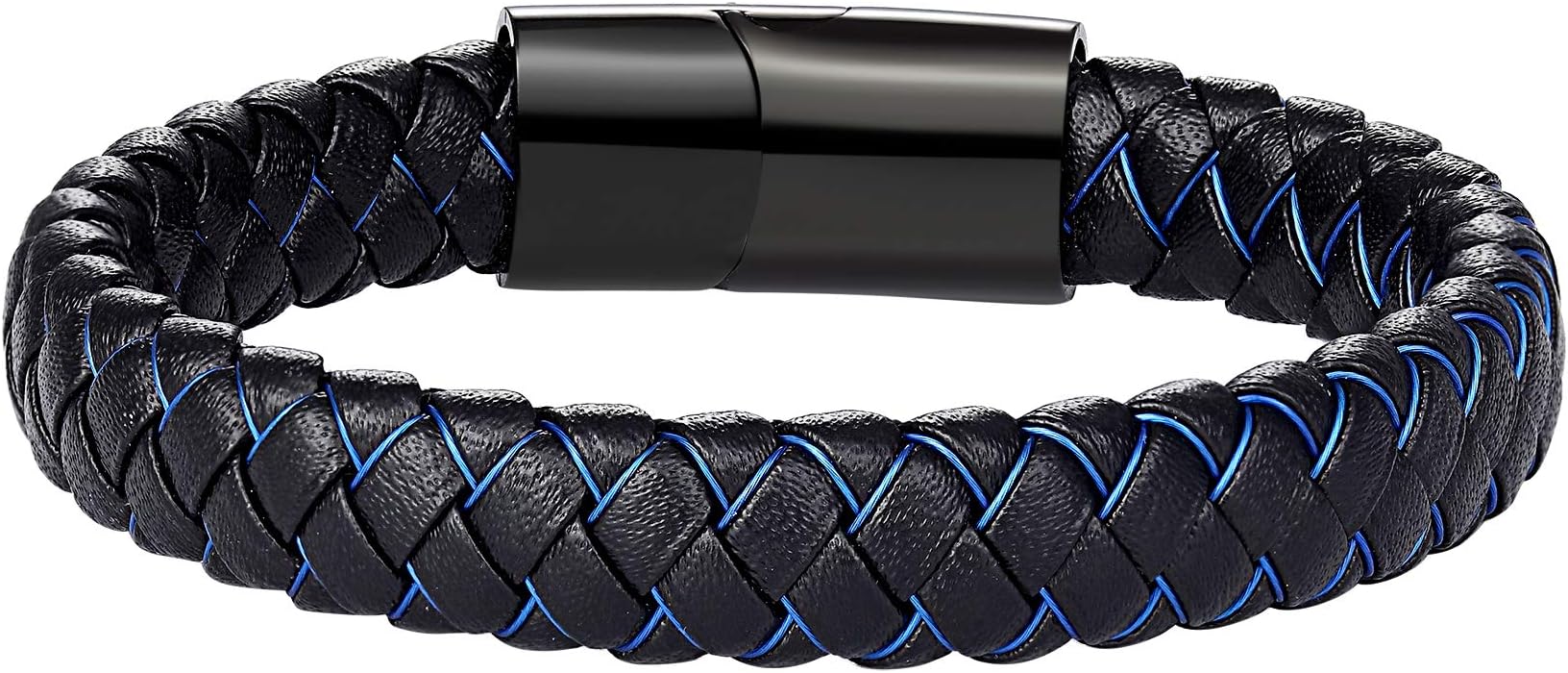 ZiiLay Top Grain Cowhide Braided Black Blue Leather Steel Bracelet for Men
