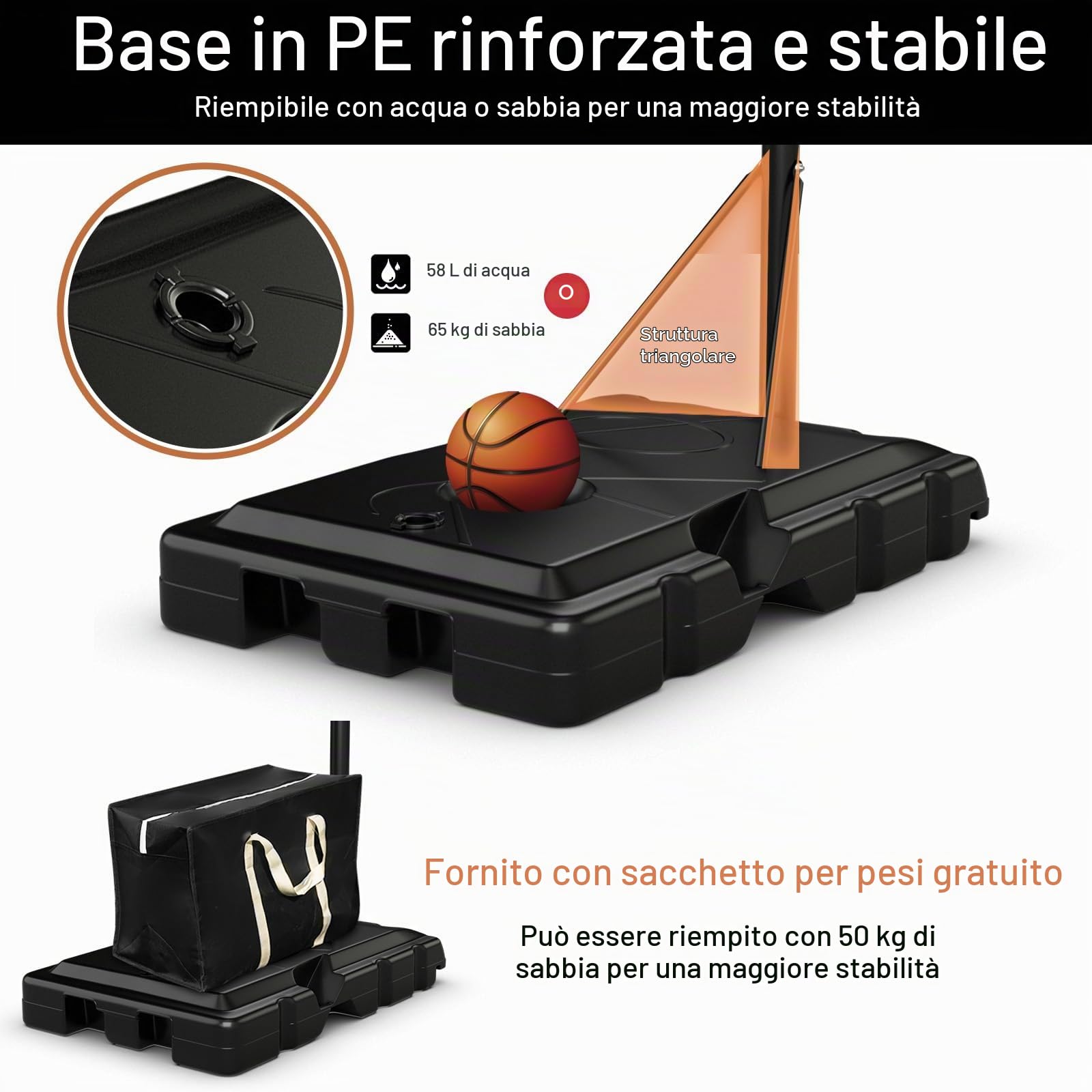 KOMFOTTEU Canestro Basket per Esterno in PE, 10 Livelli di Altezza Regolabile 143-305 cm, Supporto da Basket Portatile con Ruote, Base, Pallacanestro per Interni, per Bambini e Adulti