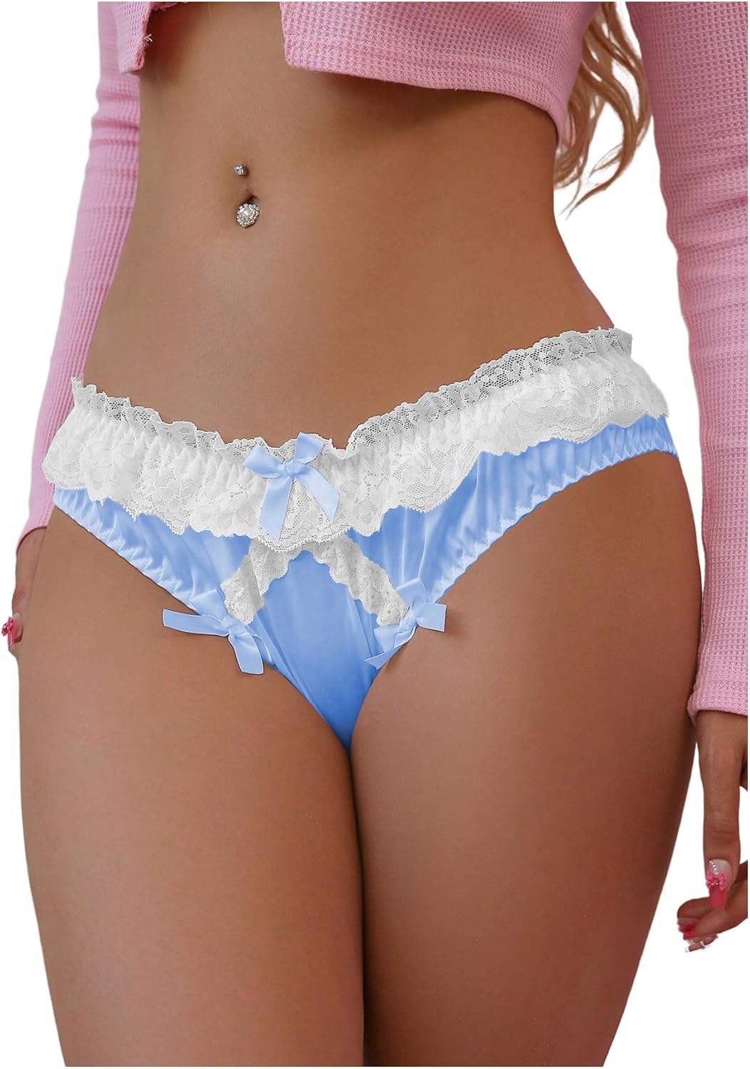 SHENHE Women's Satin Bow Panty Lace Trim Low Rise Cute Bikini Underwear Silky Panty Brief