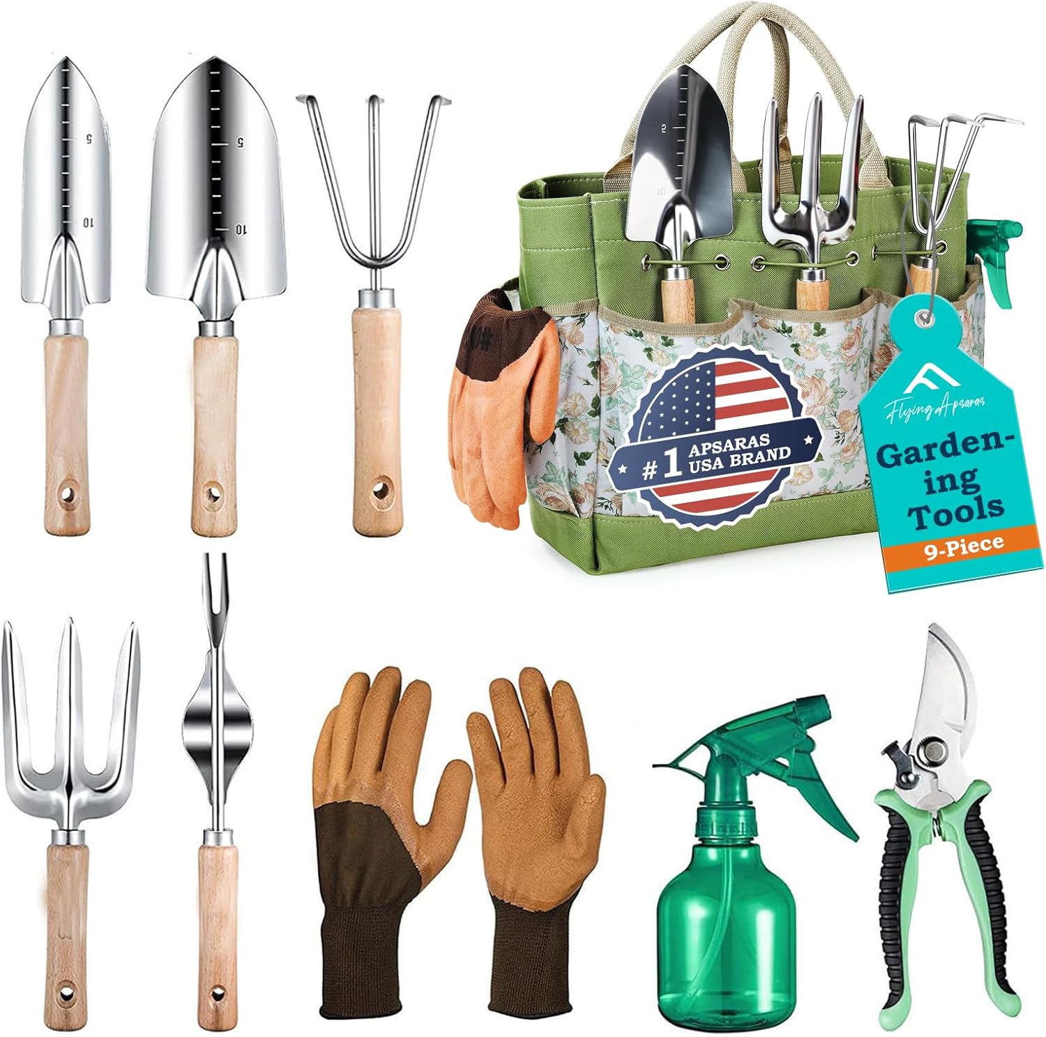 APSARAS USA Gardening Tools, Garden Tool Set, 10 Pieces Heavy Duty Sturdy Steel Gardening Tool Set with 600D Oxford Cloth Storage Tote Bag, Durable Supplies Kit Perfect Garden Gifts for Father