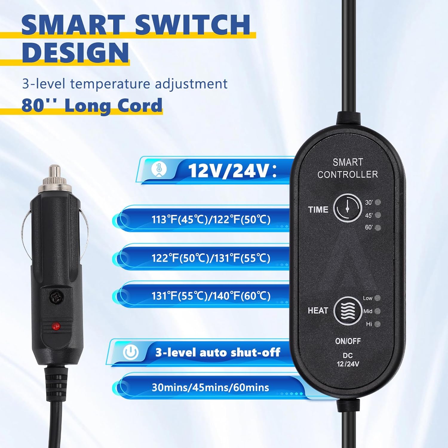 Heated Car Blanket DC12V-24V Electric Blanket for Car Camping, Portable Washable Heated Blanket with Timer, 3 Heat Settings, Heated Throw Blanket for Road Trip (Gray) - Image 4