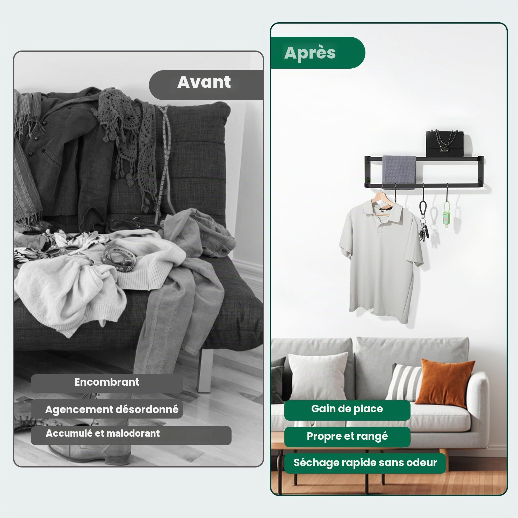 Mooche Porte-Serviettes Mural à 2 Niveaux, 60 CM, en SUS304, Noir | Barre Porte Serviette Pratique en Acier Inoxydable SUS304 Pour Cuisine et Salle de Bain, Facile à Installer
