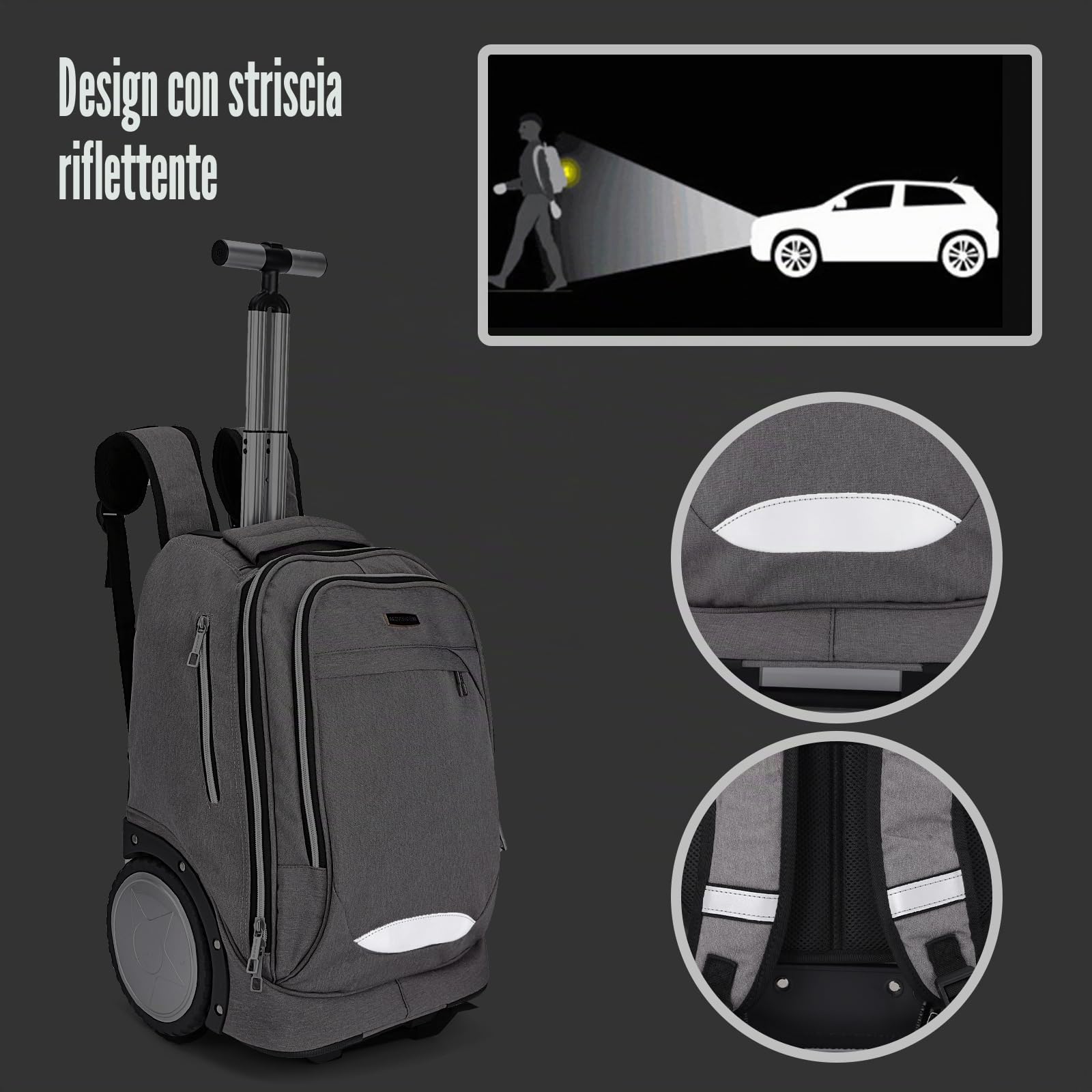 Hivexagon Zaino con ruote, zaino rotante con ruote da 7 pollici – Manico telescopico rinforzato, compartimento per laptop, ideale per affari e viaggi – Grigio