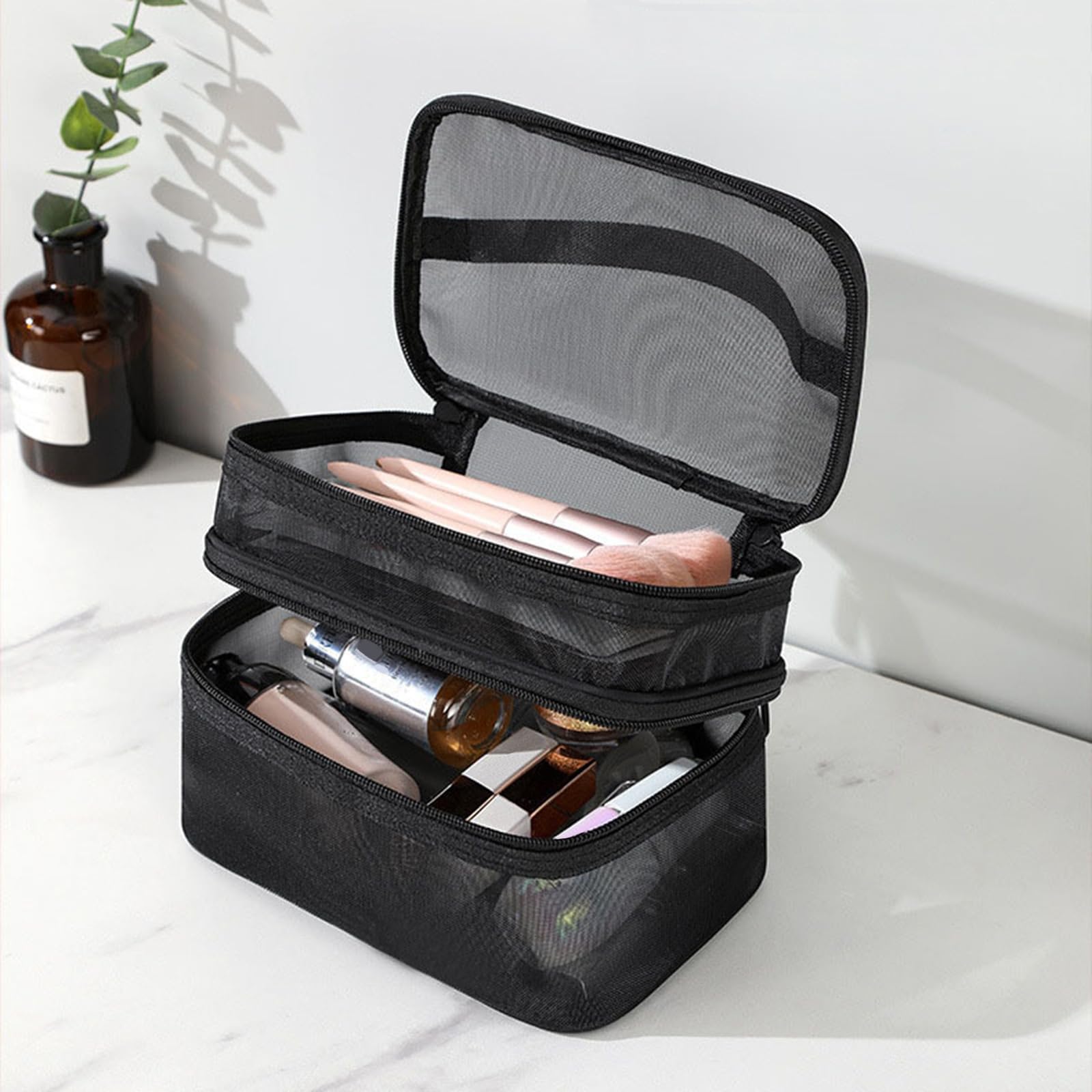 Tosnail Juego de 3 bolsas de malla con cremallera con asa, bolsa de malla negra, bolsa de aseo de viaje, organizador de cosméticos, organizador de cosméticos, organizador de ducha portátil para