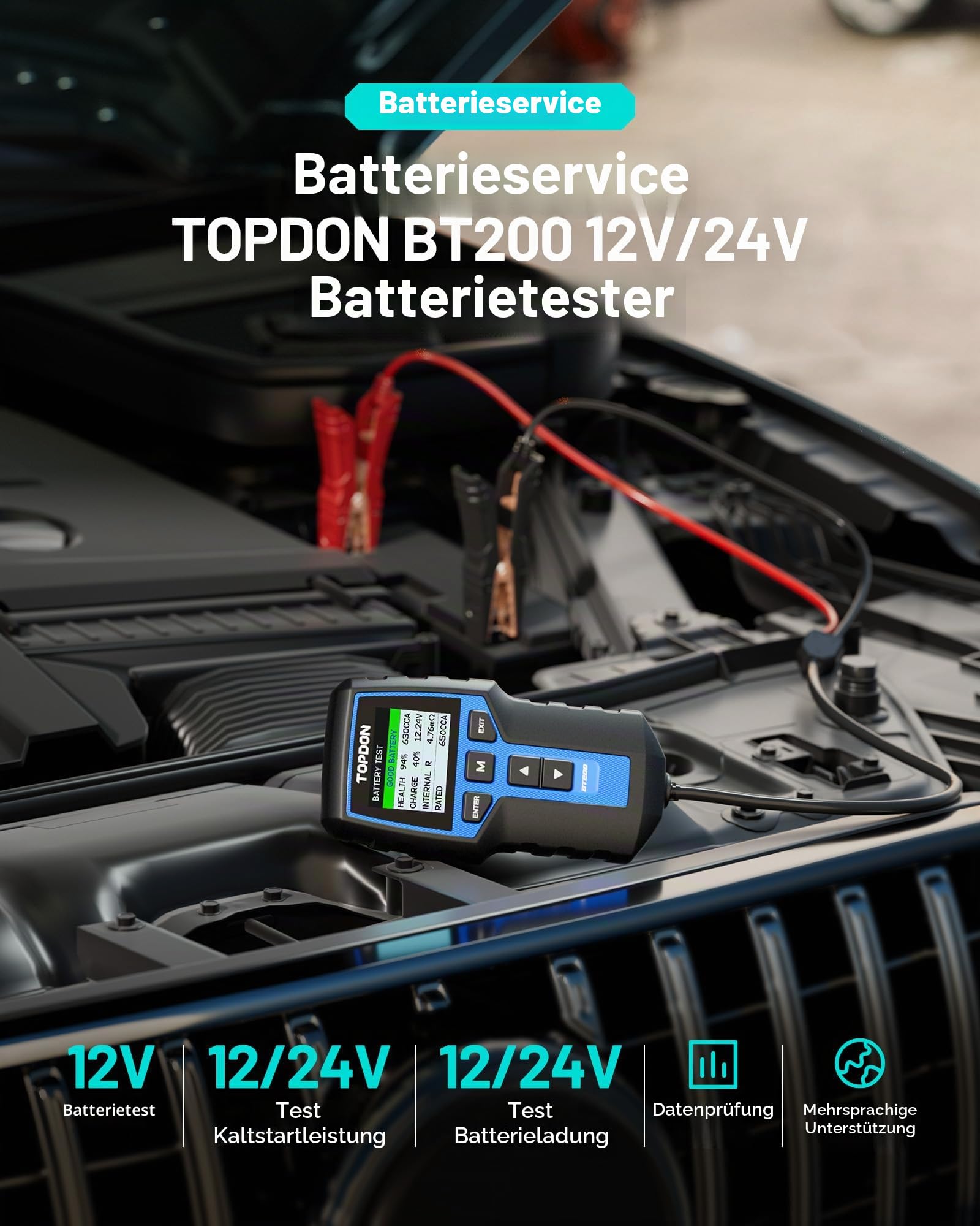 Topdon BT200 100–2000 CCA Kfz-Batterietester, Farb-LCD-Display, professionelles Batterie-Diagnosegerät für Auto, LKW, Motorrad, ATV, SUV, Boot, Yacht