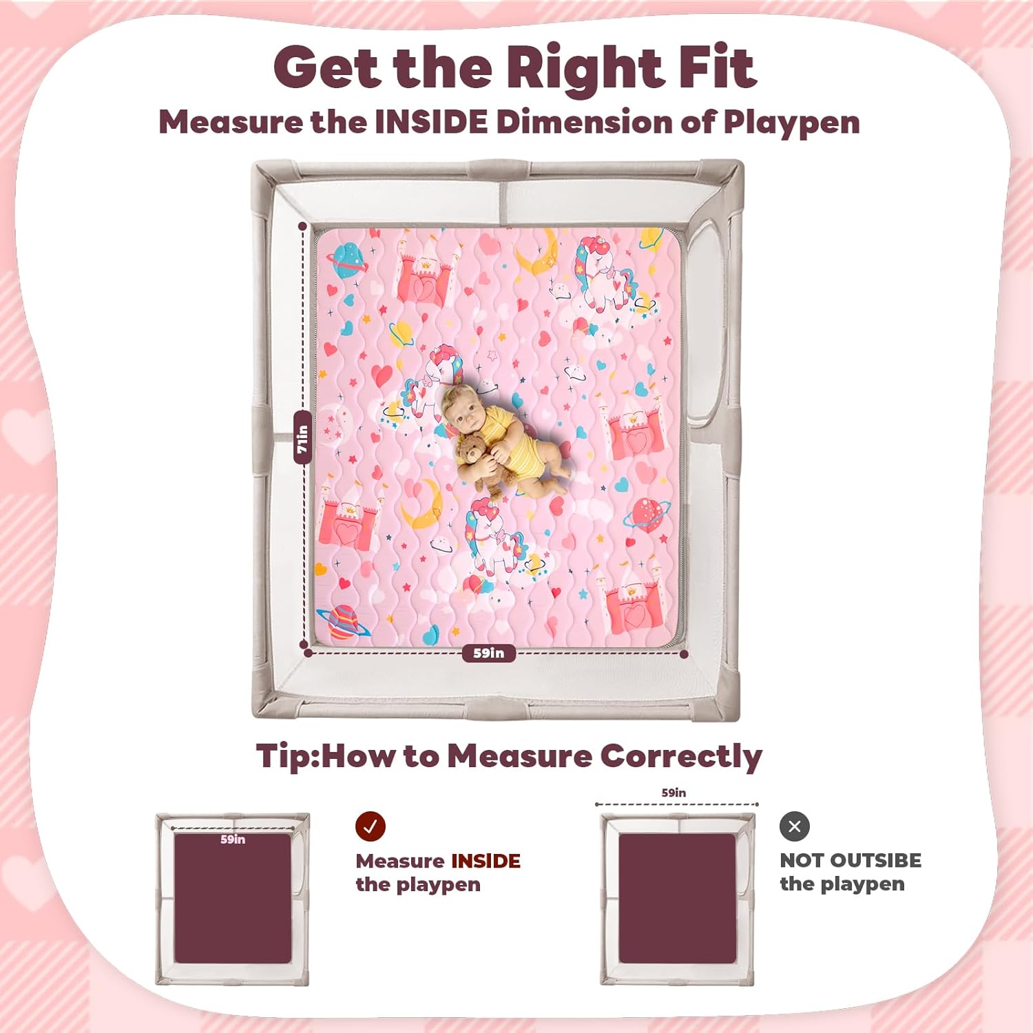 Wirhao Baby Play Mat for Floor, 71'' x 59'' Thicken Foam Soft Padded Mat for Baby, Playpen Mat for Toddlers Infant Kids, Machine Washable, Non-Slip Bottom Safe for Crawling (Pink)