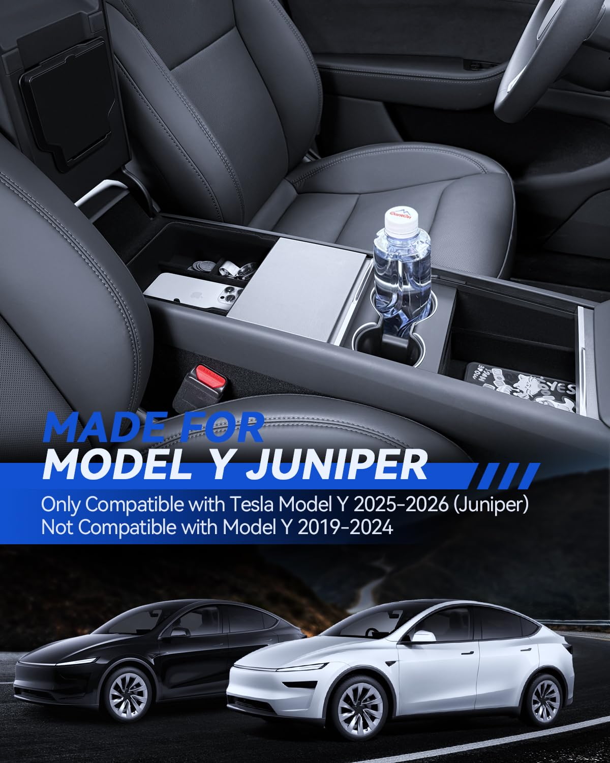 4 accesorios para Tesla Model Y 2025-2026 Juniper Organizador de consola central, caja de almacenamiento para reposabrazos, caja oculta y soporte para bebidas (flocado)