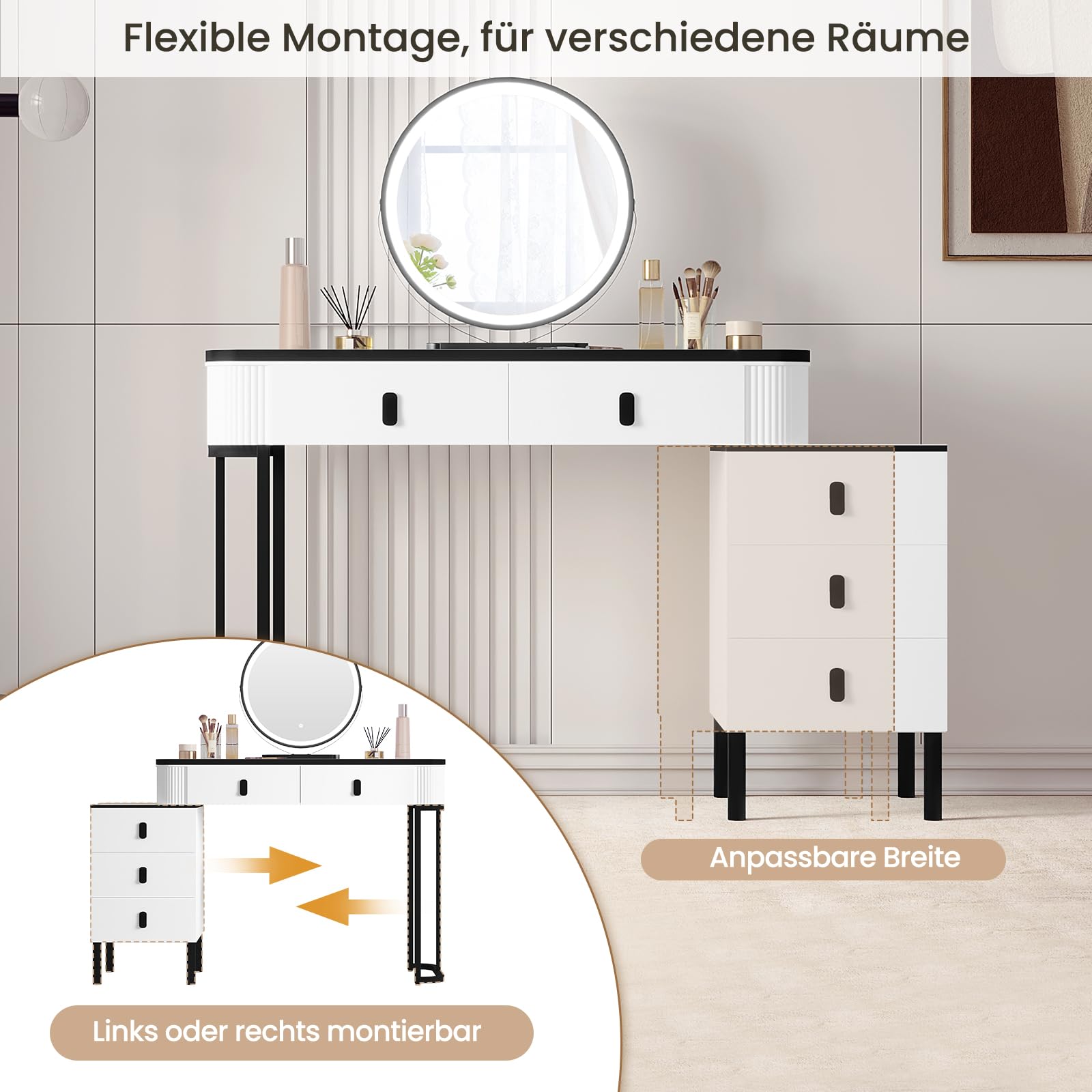 WOLTU Schminktisch mit Spiegel LED & Beleuchtung, 3 Lichtfarben, Moderner Frisiertisch mit 5 Schubladen, 2-in-1 Schreibtisch, Flexibler Unterschrank, für Schlafzimmer, auz Holz, in Weiß+Schwarz