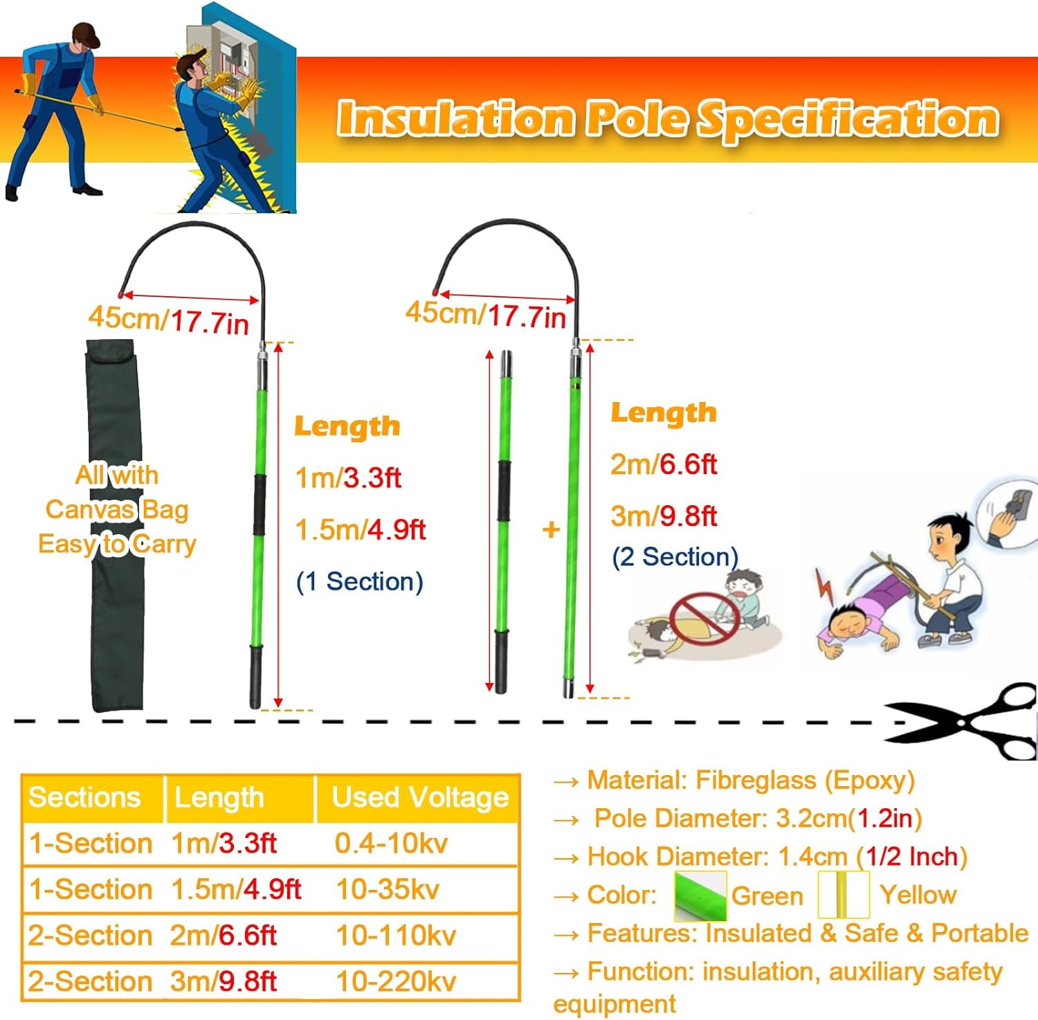 High Voltage Insulated Pulling Pole with Rescue Hook & Bag, 10/45/110/220 KV Electrician Safety Tool, Anti-Electrocution 118in/3.0m for Fire & Rescue Professionals