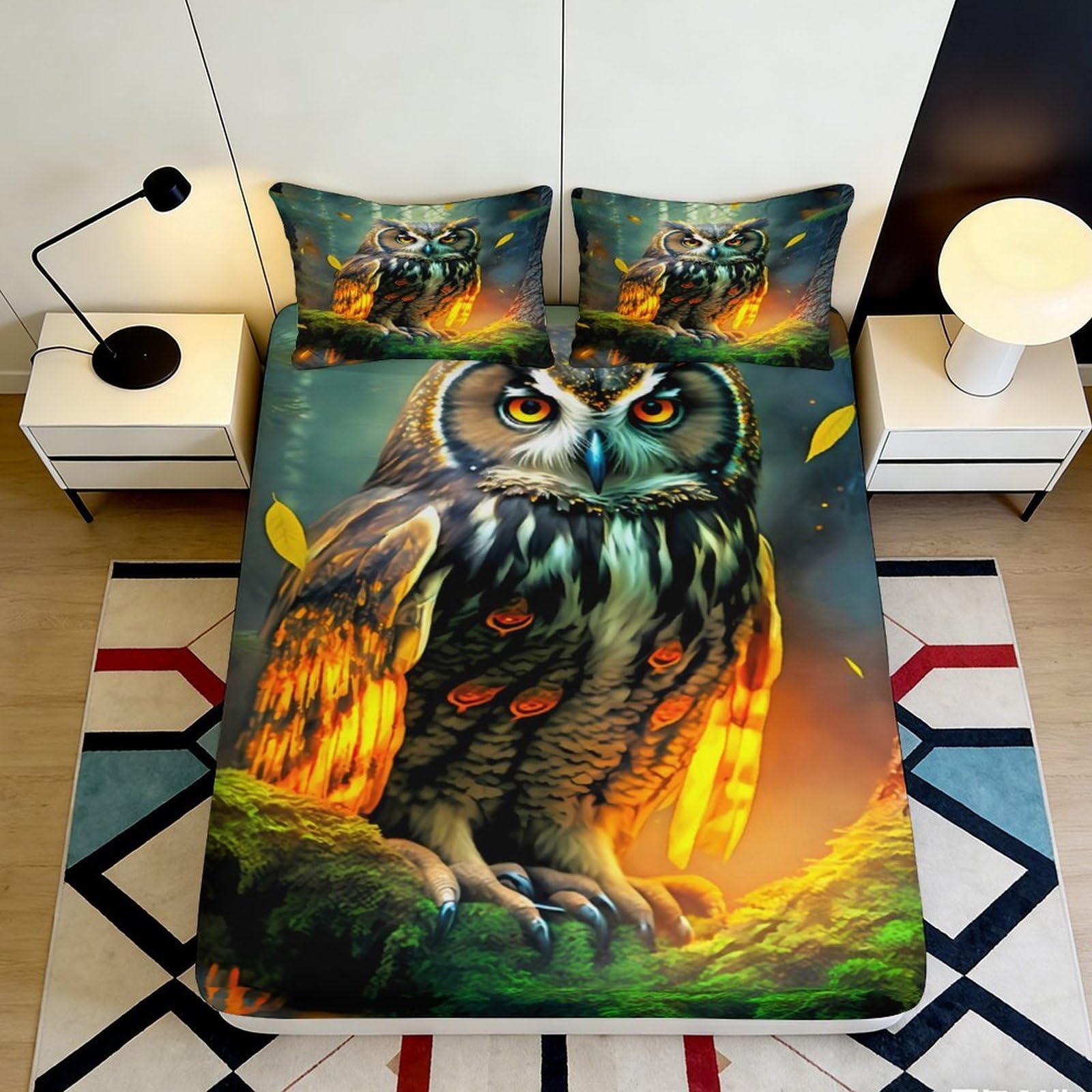 Pnayamiorkfel Style-4 3D Printed Fire Owl Fitted Sheet Microfiber Soft Non-Slip Forest Night Mattress Cover For Bedroom Guest Room 90X200x25cm