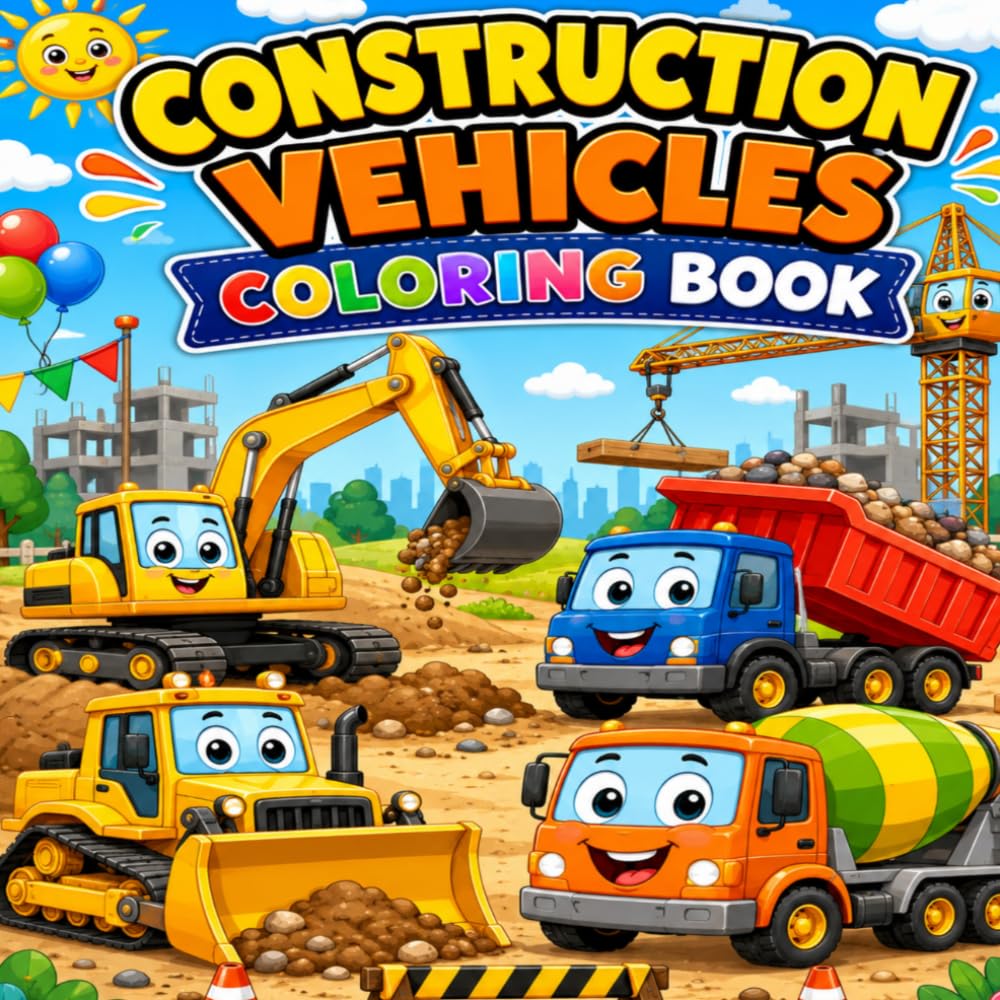 Construction Vehicles Coloring Book for Kids Ages 4–8: 77 Fun Coloring Pages Featuring Excavators, Bulldozers, Dump Trucks, Cranes, Cement Mixers, and More