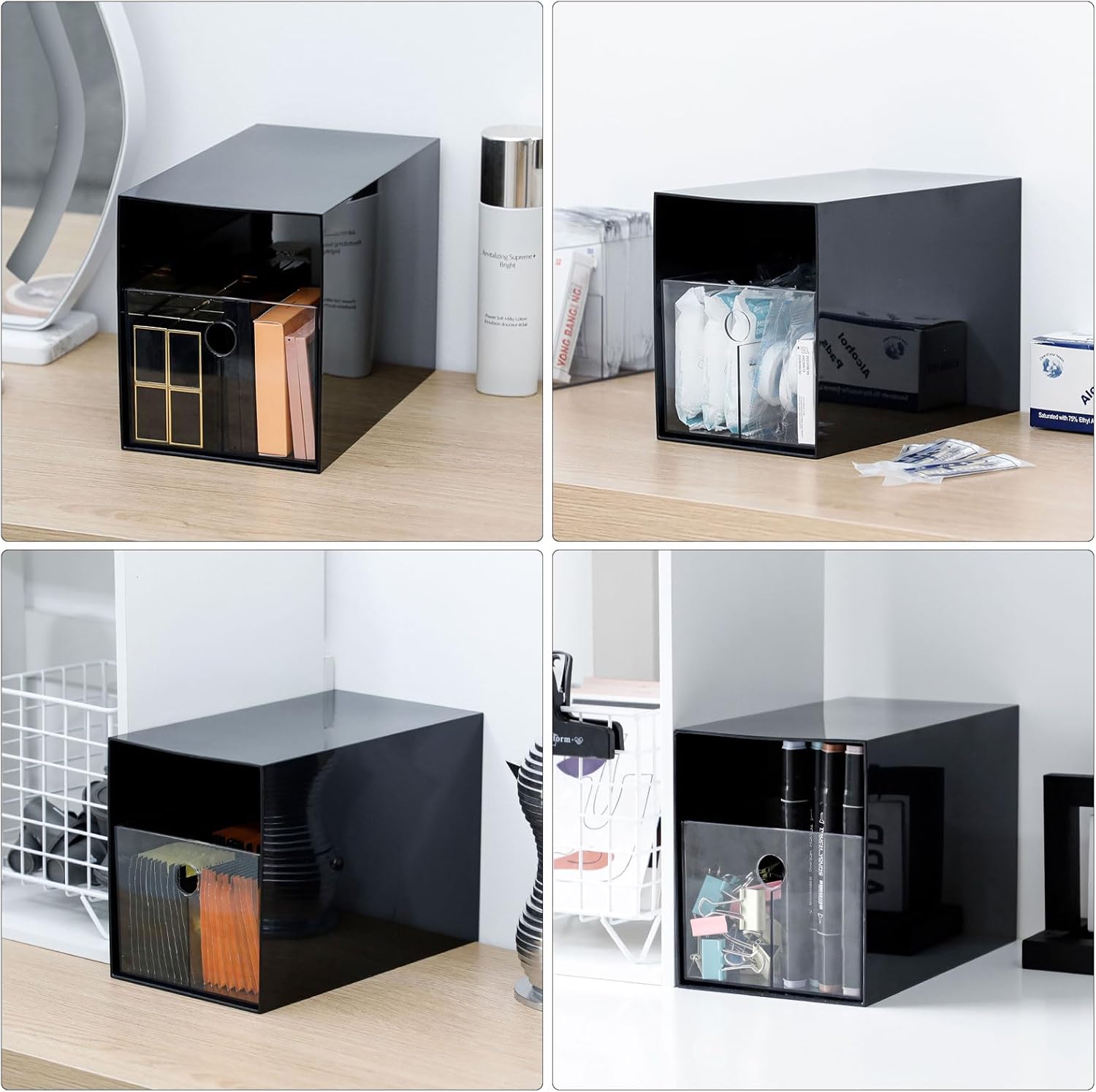 Plastic Organizer Box with Drawer, Under Desk Storage Container for Tea Bags, Powder Drink Packet, Home Office Supplies, Art Crafts, Medicine, Bathroom and Vanity Holder, Black Black 1 Pack image 5 of 9 B0FC2HNLH9