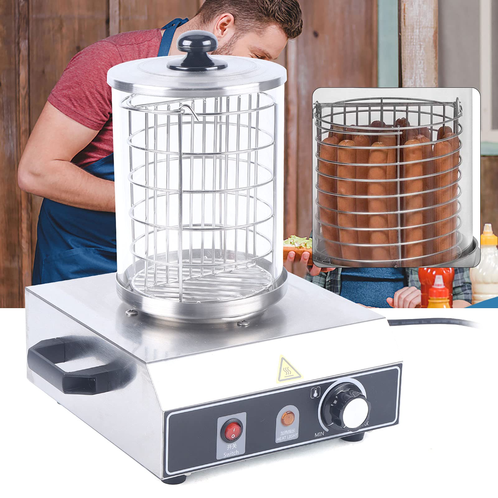 Hot Dog Maker 350W 0～85℃ Bockwurstwärmer Würstchenwärmer Hot Dog Wärmer Edelstahl Große Bockwurstkocher mit Handgriff 16x21.5CM