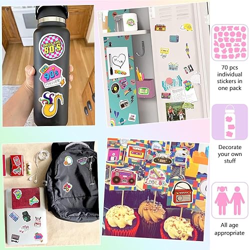 Miniatura 3 de DETICKERS Calcomanías de los años 80 y 90 para botellas de agua, decoraciones de fiesta de los años 90, 70 unidades, vinilo impermeable, regalos