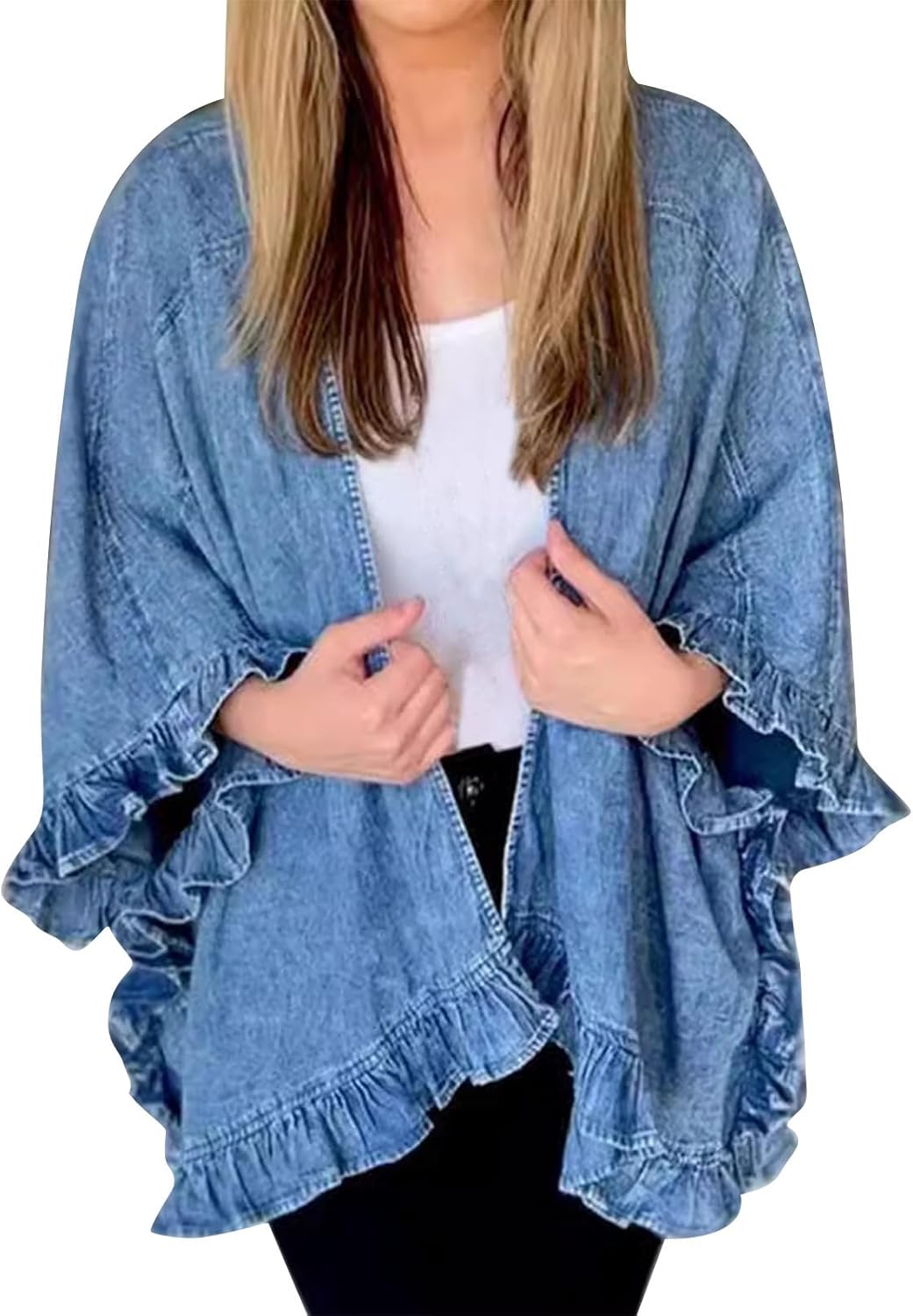 Women's Fashion Ruffle Denim Jacket Shawl Loose Fit Cloak Coat Jacket Washed Destroyed Denim Jackets Poncho Cape