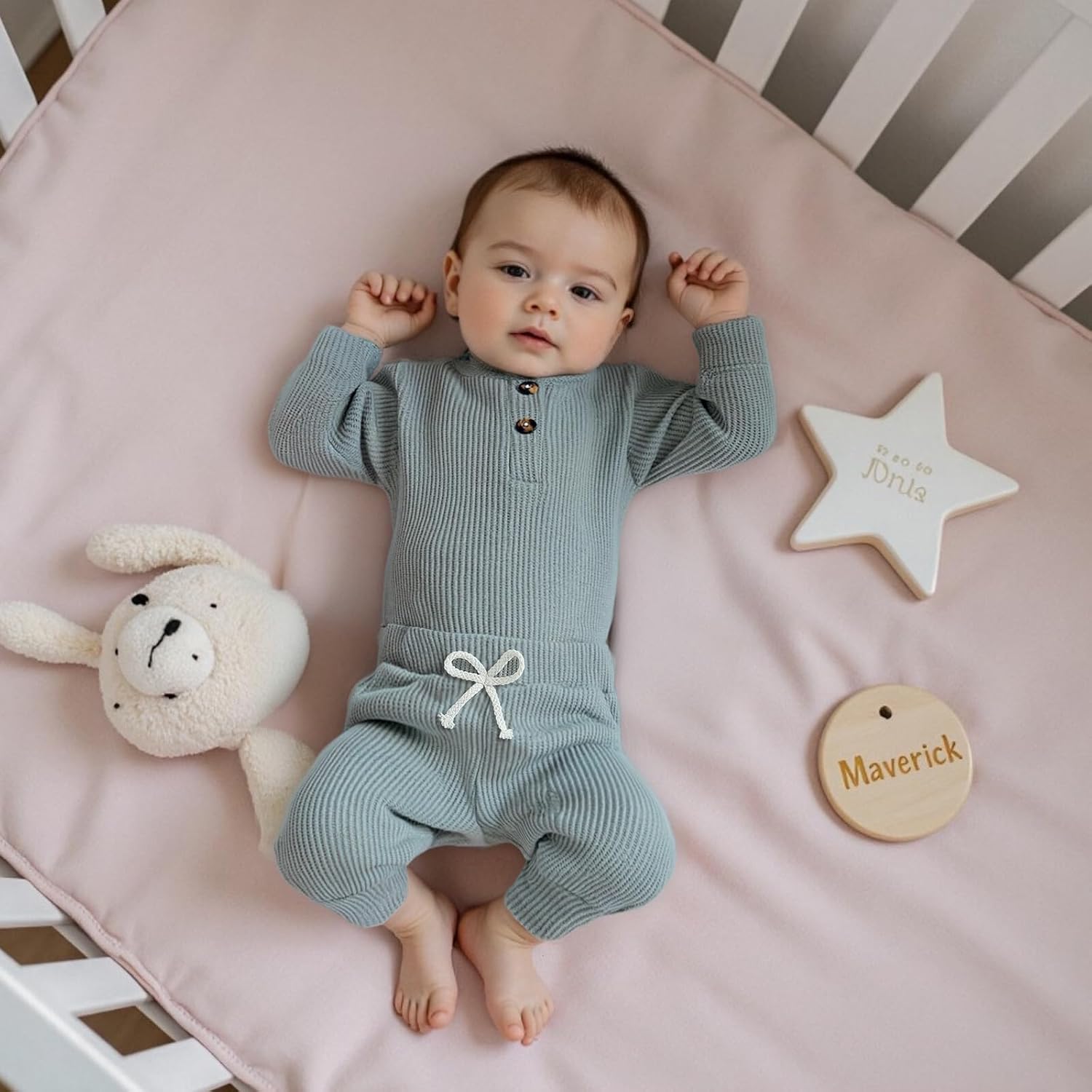 allshope Newborn Baby Boy Fall Outfit Romper Long Sleeve Solid Jumpsuit Bodysuit Elastic Waist Pants Infant Waffle Clothes