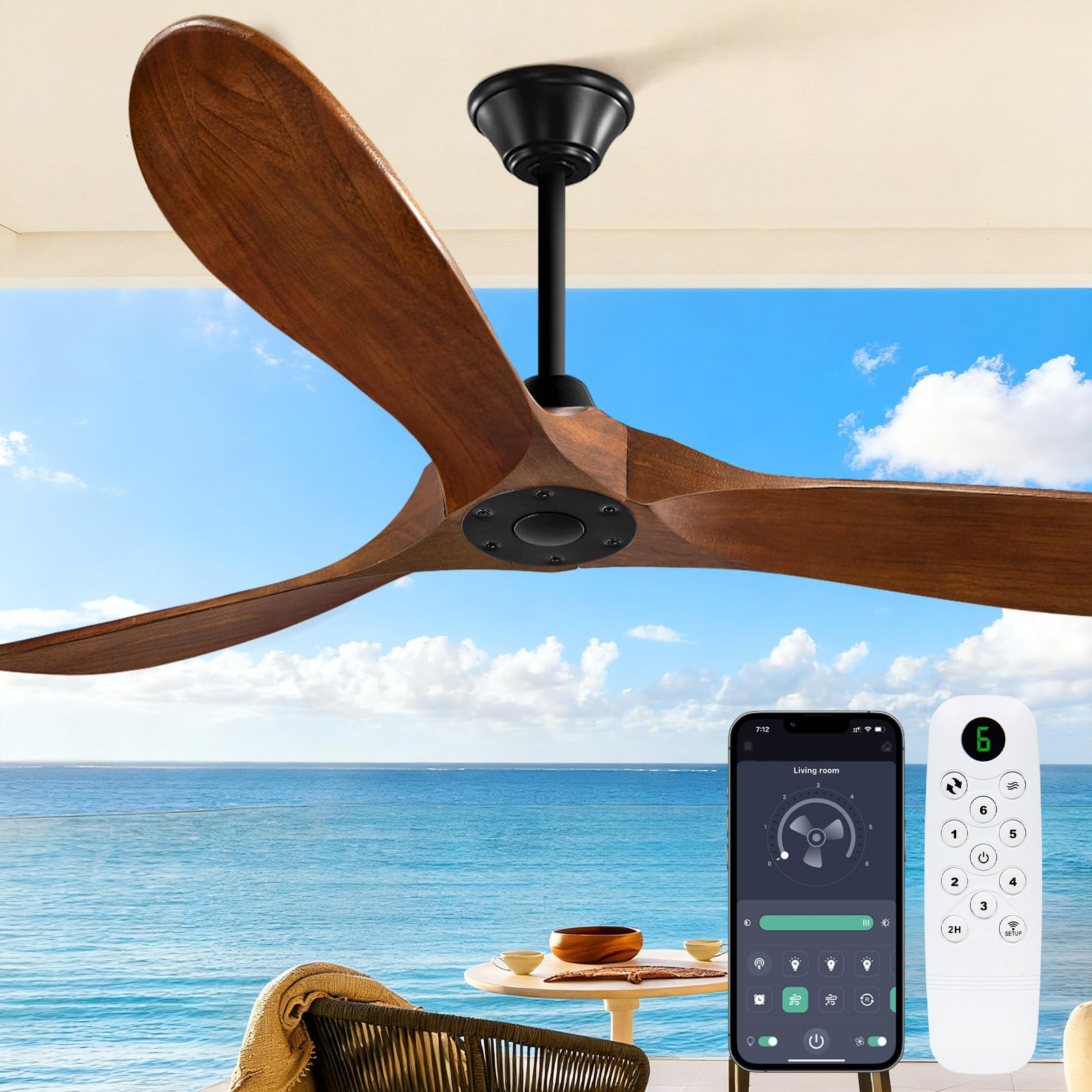outdoor ceiling fan no light for patios, 52 inch ceiling fans without lights with smart app and remote control, damp rated 3 blades wood propeller modern fan for exterior outside, high cfm, walnut