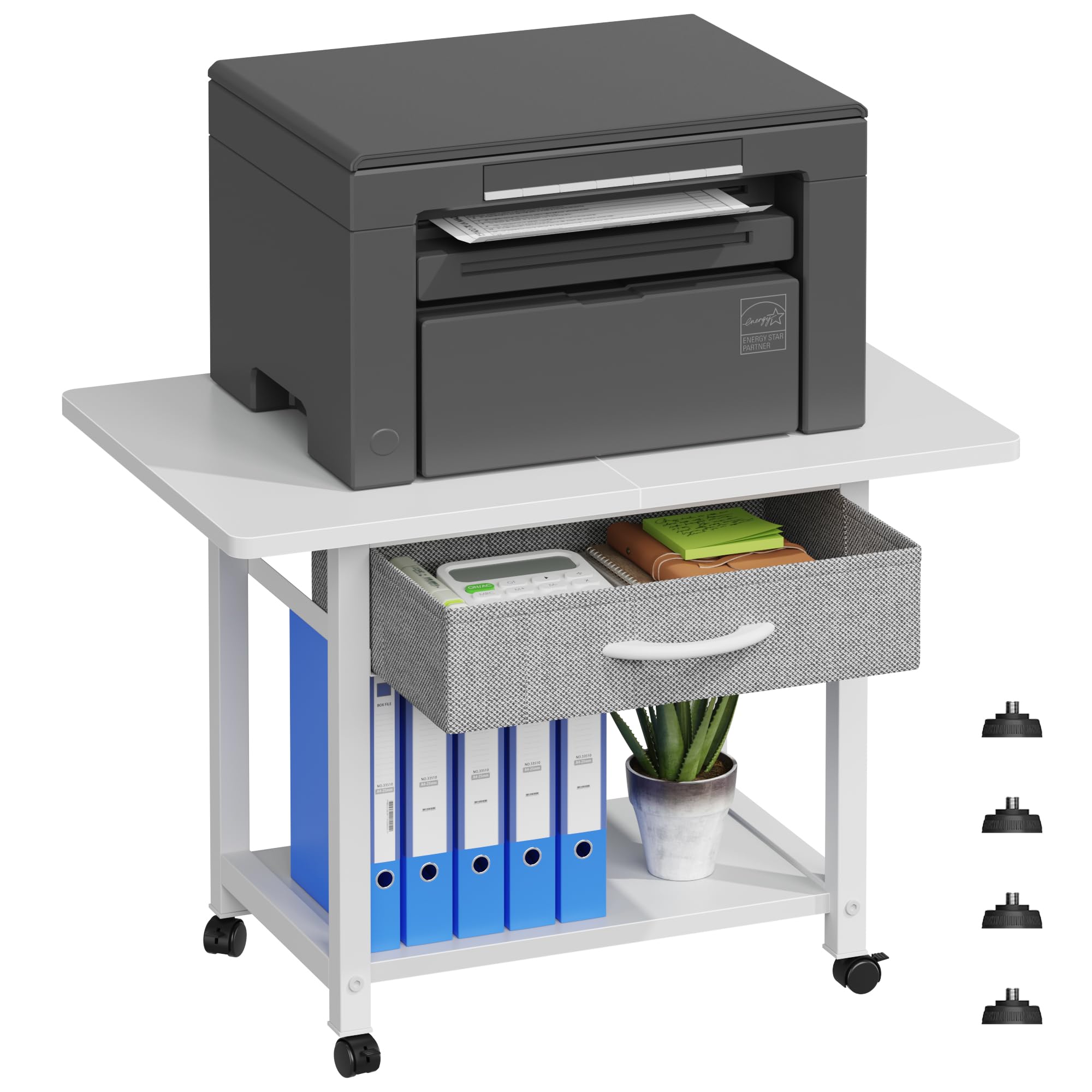 Mesa para Impresora con Ruedas - Mueble Soporte para Impresora 2 Niveles con Cajón, Estantería de Oficina para Fax/Scanner/3D, Blanco