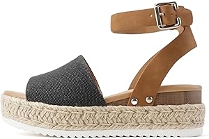 Topic Open Toe Buckle Ankle Strap Espadrilles Black & Tan Wedge Hook...