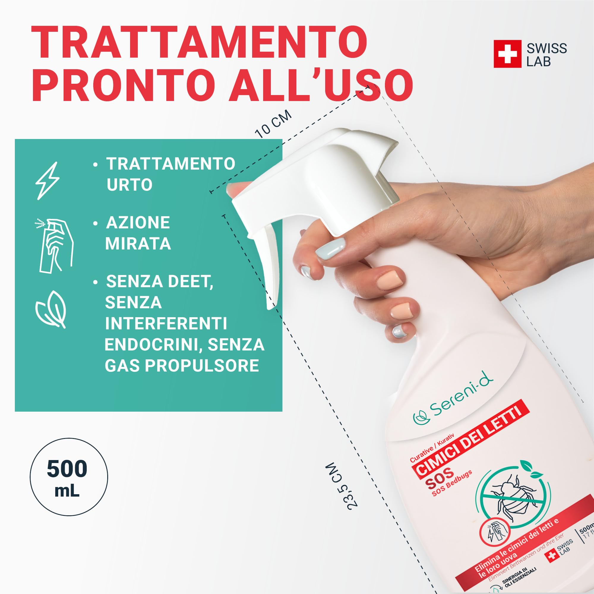 SOS ANTI CIMICI DA LETTO XXL - Spray Insetticida CHOC Trattamento naturale con Oli Essenziali e Fiore di Piretro Vegetale - Disinfestazione facile e rapida delle cimici da letto - 500 mL - Swiss Lab