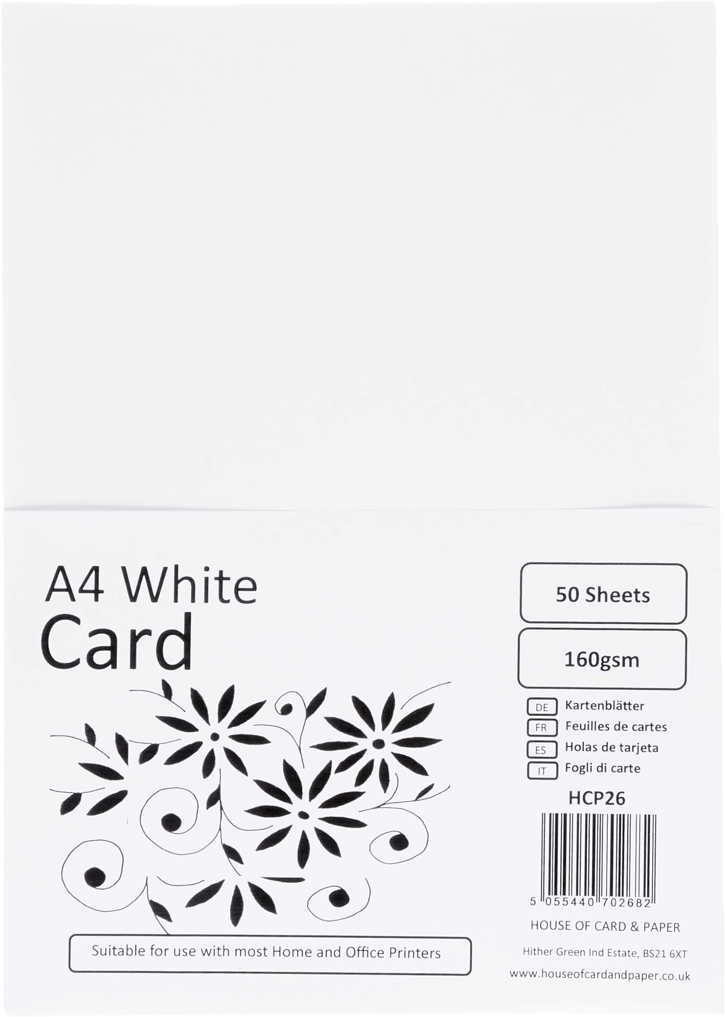 House of Card & Paper A4 160 gsm Card - White (Pack of 50 Sheets)