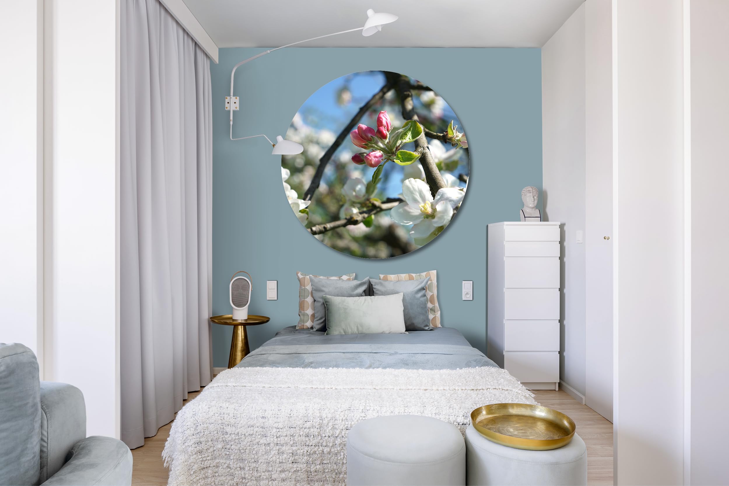 Glücksvilla - Fioritura dei meli 4 (vetro + acrilico 4 mm, Ø 120 cm) | varie misure - quadro murale rotondo - giardino fiori fioritura pianta natura botanica albero ramo ciliegia
