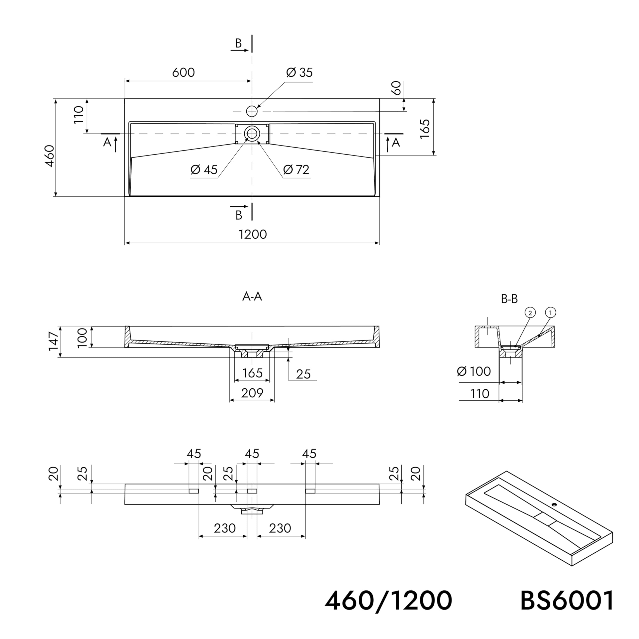 Lavabo sospeso o da appoggio in marmo artificiale BS6001 - bianco - 70cm / 100cm / 120cm, Larghezza:120cm - senza preforatura