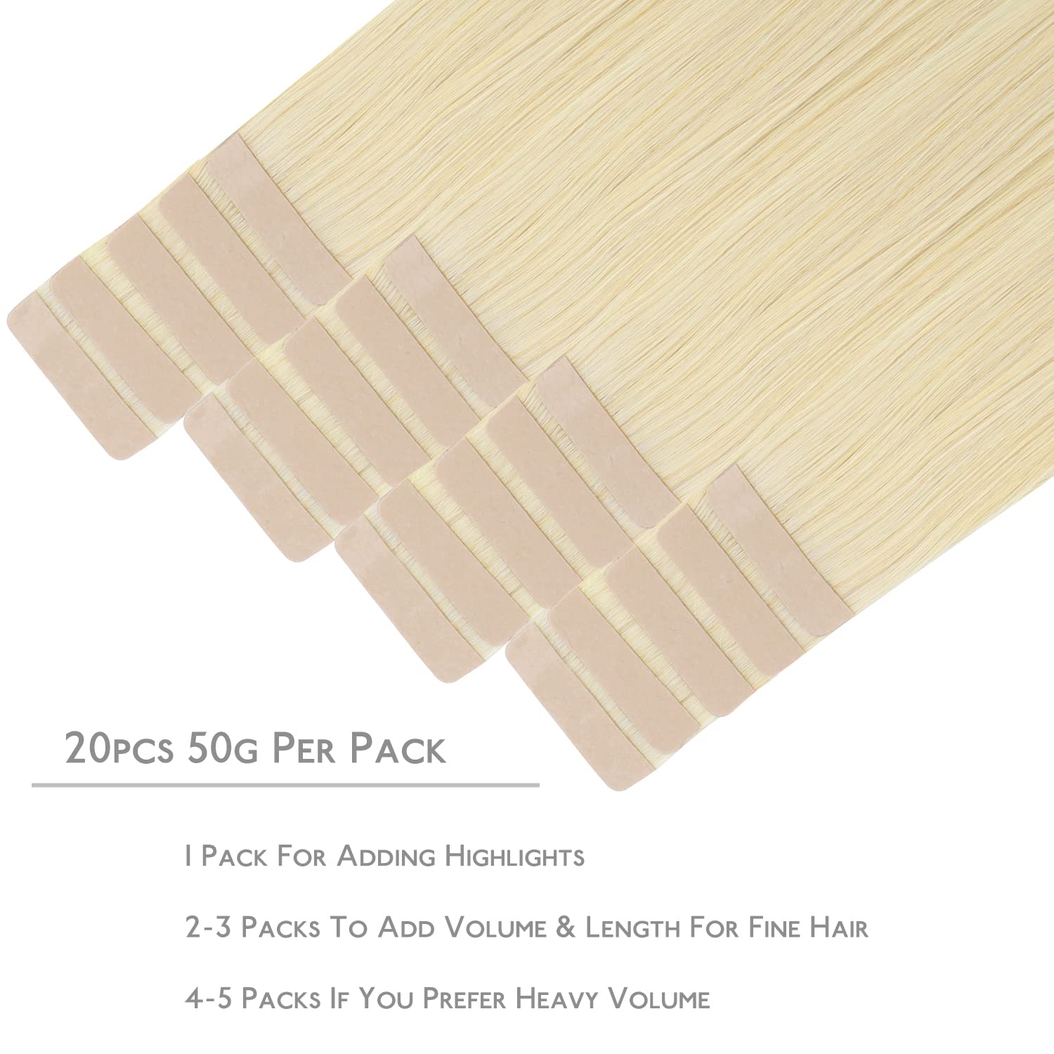 WENNALIFE Tape in Hair Extensions 20pcs 50g 14 inch Bleach Blonde Remy Human Hair, 1-Tape#613R Bleach Blonde, 14Inch-20pcs - Image 2