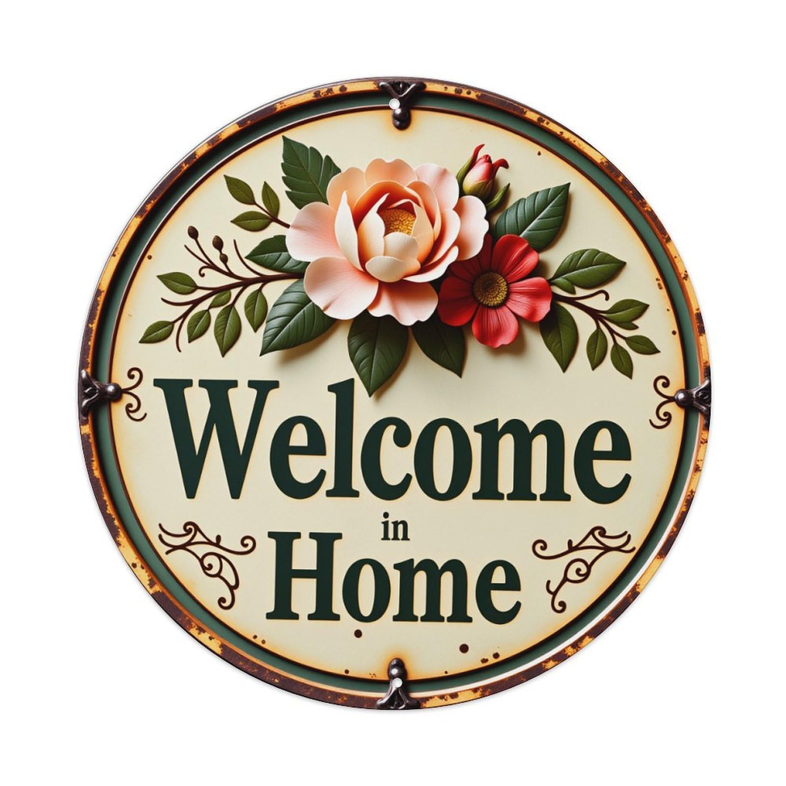 Floral Welcome Home Sign Round Tin Sign Vintage Style Metal Sign Home Bar Garden Wall Plaque Decor Metal Poster 8x8 Inch