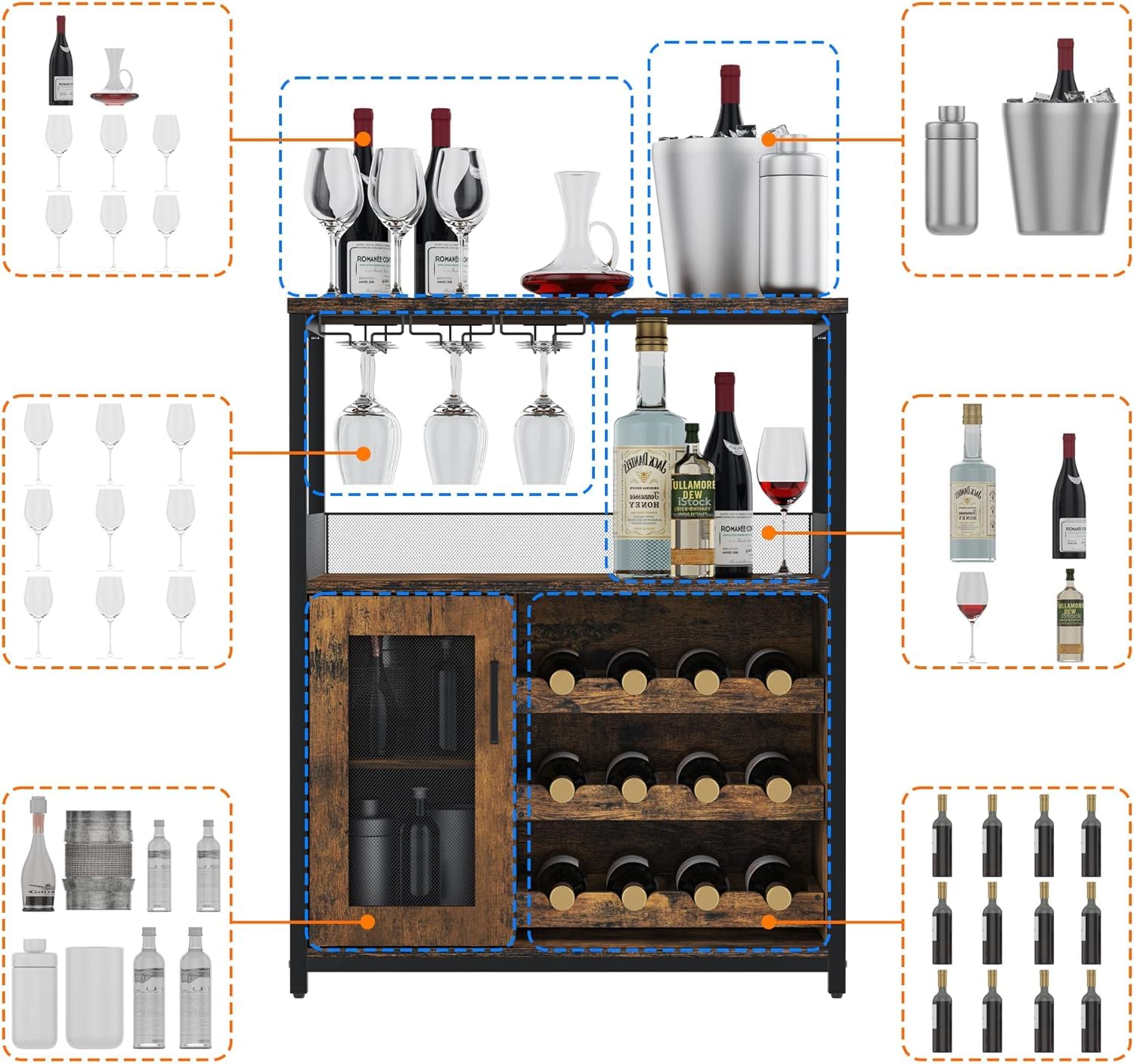 Garvee Weinschrank Weinregal Industrial mit Led Licht Barschrank mit Verstellbarem Weinregal und Glashalter Getränkeaufbewahrung Weinbarschrank für Küche Esszimmer Wohnzimmer 70x35x92 cm Retro