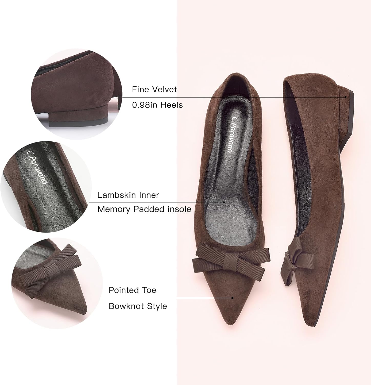 C.Paravano Women's Suede Bow Knot Ballet Flats Pointed Toe Slip-On Comfort Shoes for Casual & Formal Wear