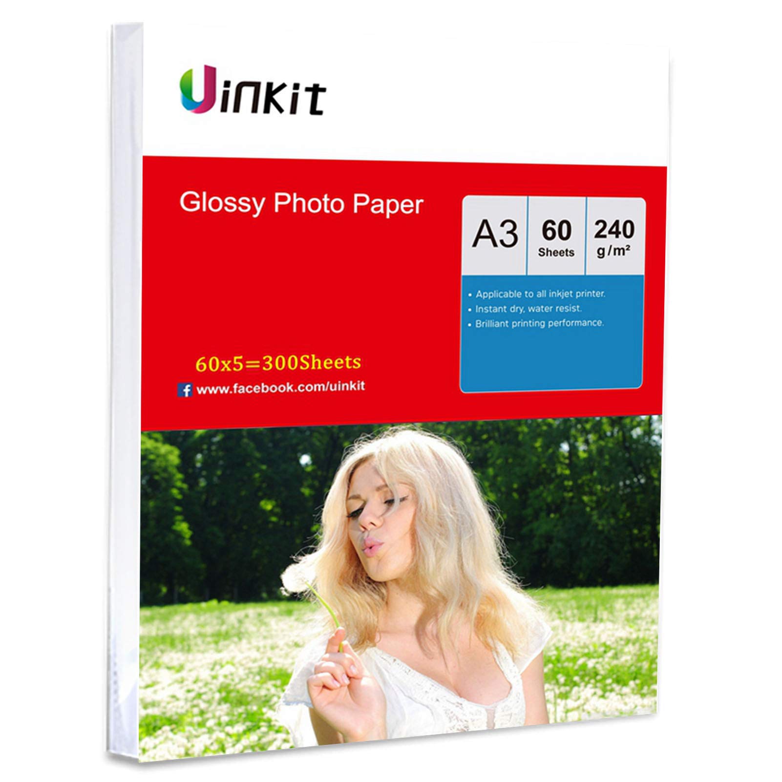 Papier fotograficzny A3 240 g/m2 wysoki połysk – 300 arkuszy super biały papier atramentowy do drukowania atramentowego średniej grubości Uinkit 420 x 297 mm