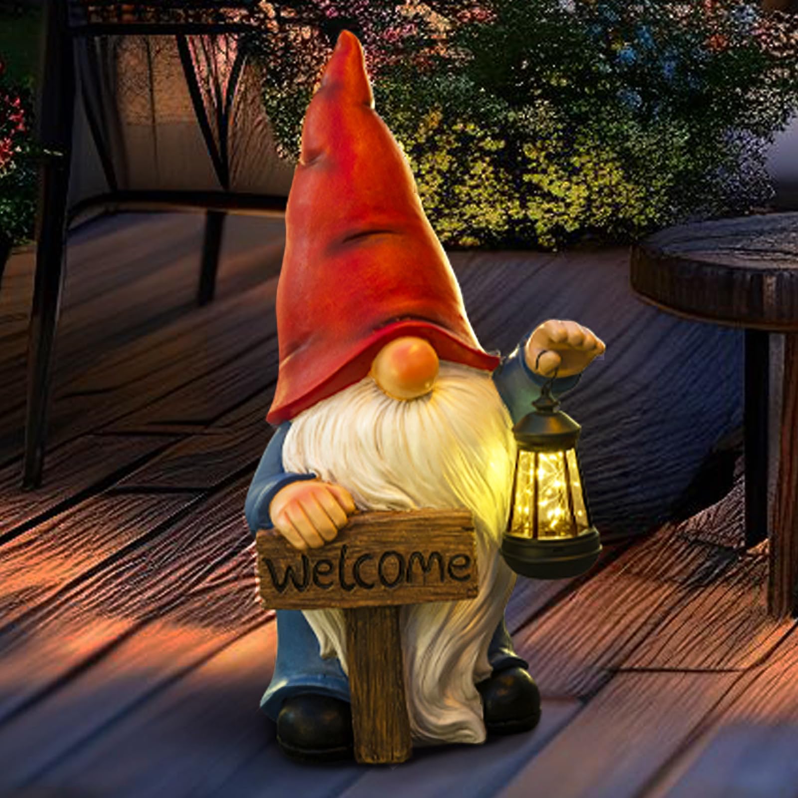 Statua da giardino a energia solare, grande gnomo da 56 cm, con cartello di benvenuto, decorazione per esterni con lanterna a LED, per casa, portico, cortile, patio, prato, ornamento