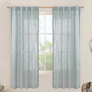 LAMIT Greyish Blue Linen Curtains for Bedroom, 72 Inch Length Light Filtering Semi Sheer Panels Back Tab and Rod Pocket Neutral Drapes for Living Room, 2 Panels, 34 x 72 Inch