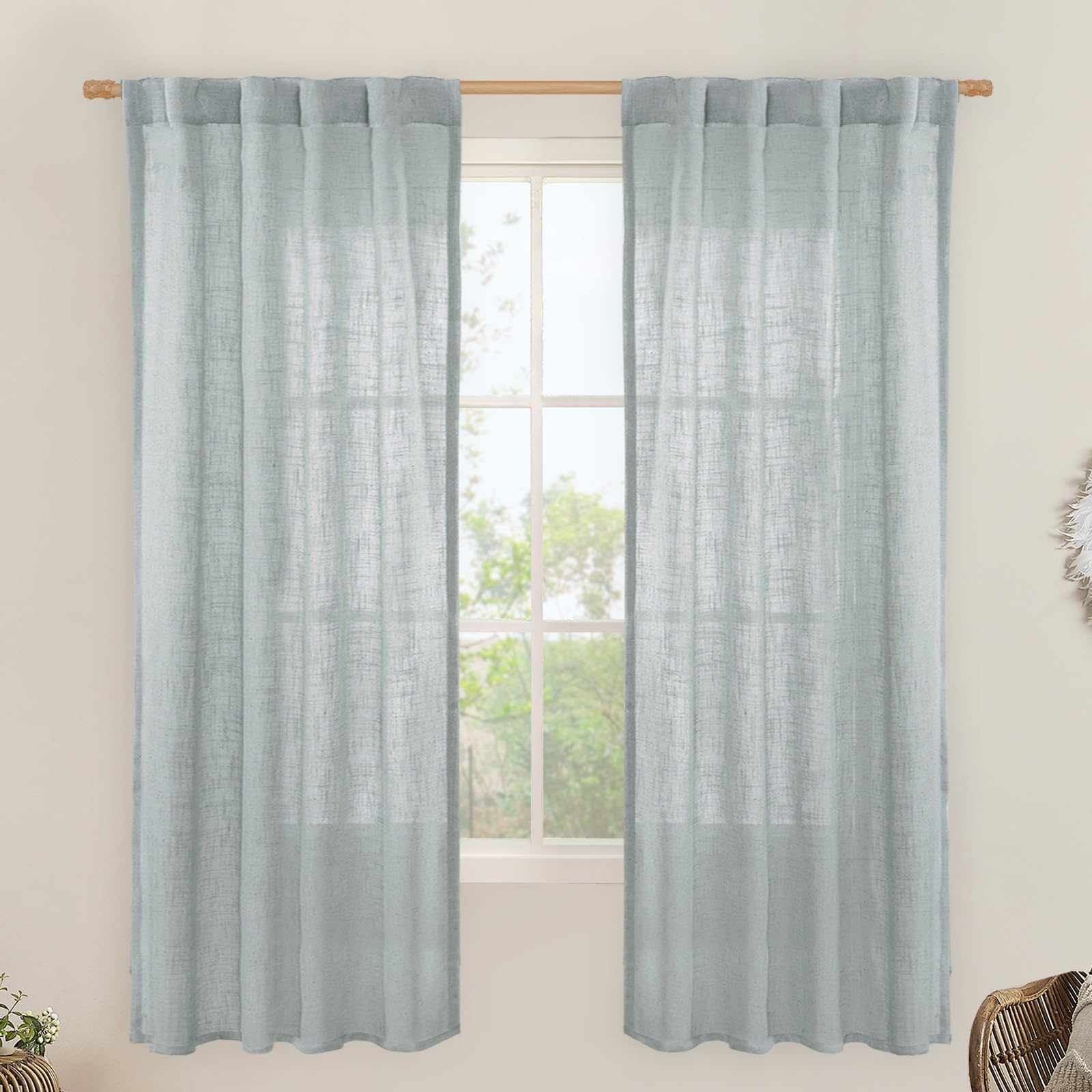 LAMIT Greyish Blue Linen Curtains for Bedroom, 72 Inch Length Light Filtering Semi Sheer Panels Back Tab and Rod Pocket Neutral Drapes for Living Room, 2 Panels, 34 x 72 Inch