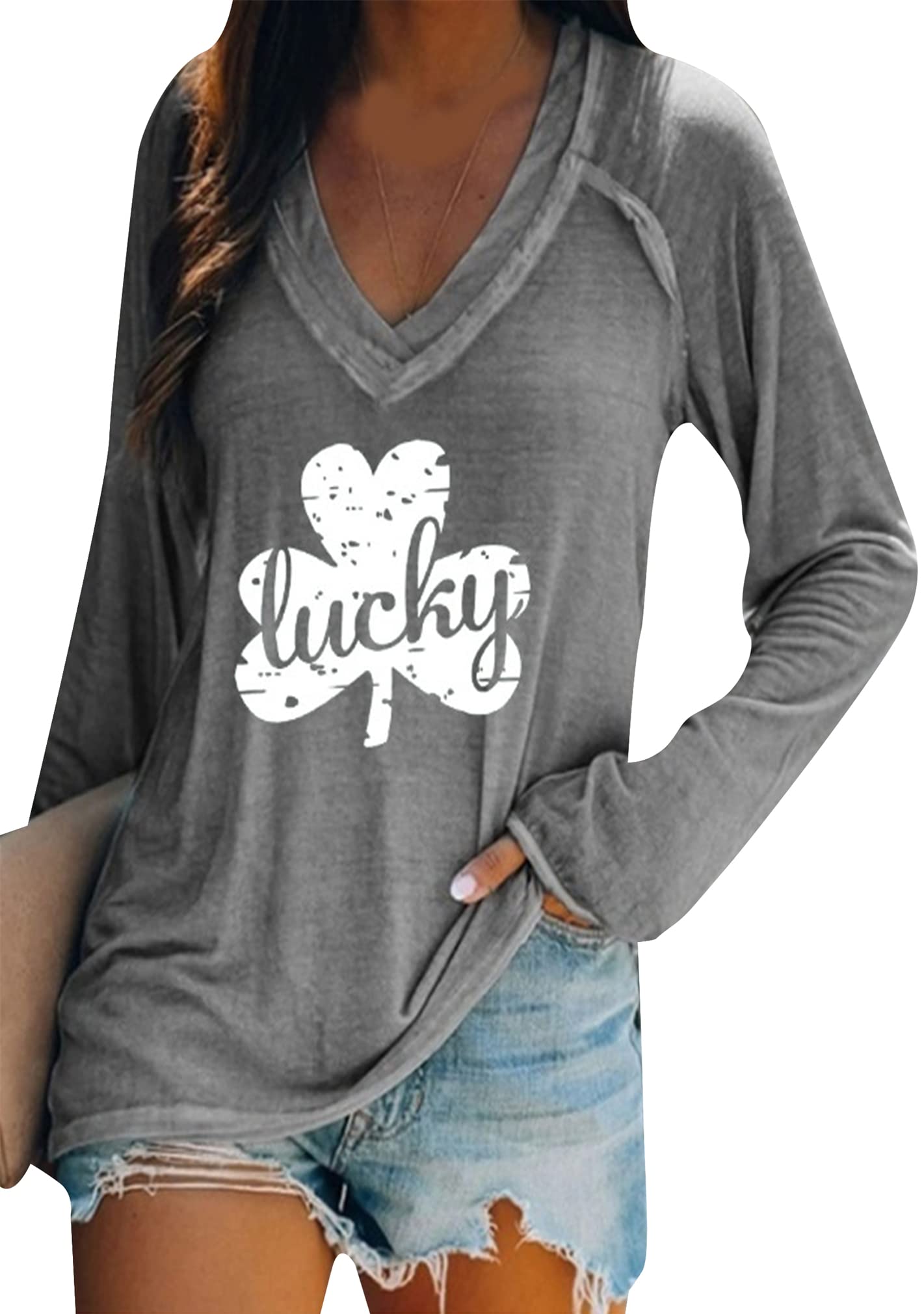 BOFETA Women St Patricks Day Sweatshirts Loose Long Sleeve Shirts Green Shamrock Print Blouse Flowy Color Block Pullover Tops
