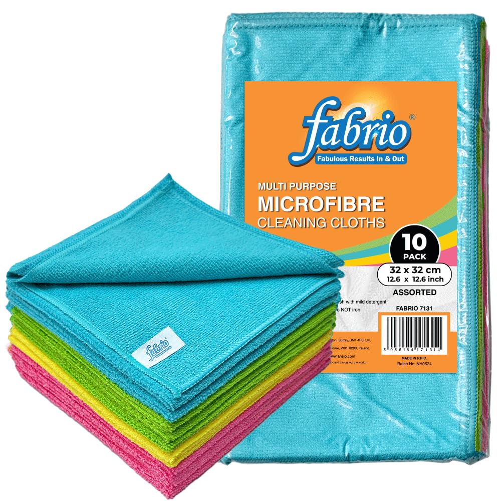 FABRIO Microfibre Cleaning Cloths – Pack of 10, 32x32cm, Ultra-Soft, Lint-Free, Super Absorbent Towels for Kitchen, Car, Glass, and Multi-Surface Cleaning – Assorted Colours