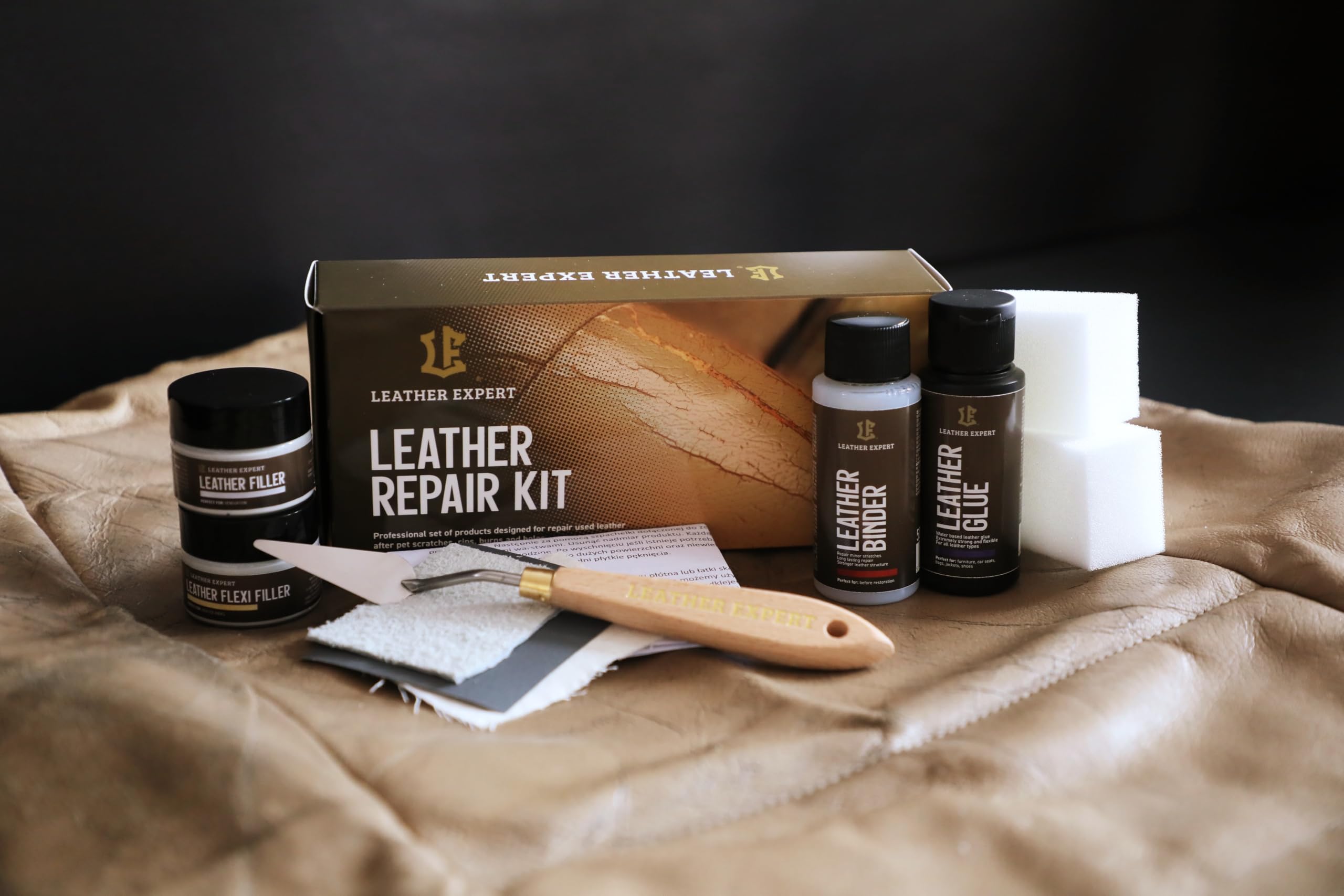 Leather Expert Kit d'entretien du Cuir Repair Kit - 2x25ml remplisseur de Cuir, remplisseur de Cuir Flexible + 2x50ml liant et Colle pour Cuir - Kit de Nettoyage du Cuir pour Voiture