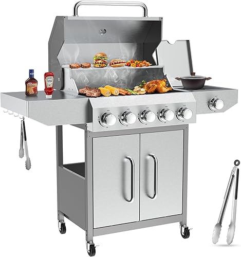 Llamaviva - Parrilla de gas propano de 5 quemadores con quemador lateral, parrilla de barbacoa de acero inoxidable con rejillas de hierro fundido