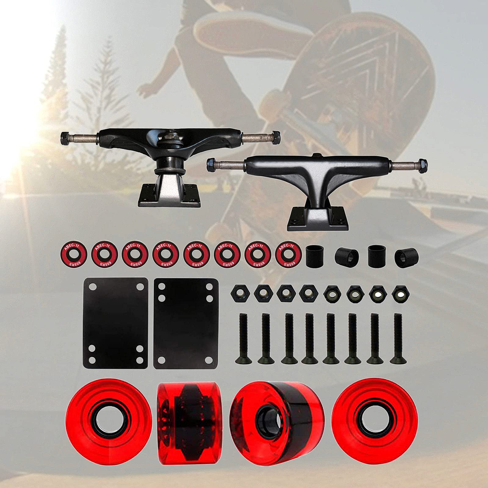 SM SunniMix 5" Skateboard Achsen, Skateboard Rollen mit Lager 51mm, Skateboard, Skateboard Riser Pads, Skateboard Hardware Set, klar rot